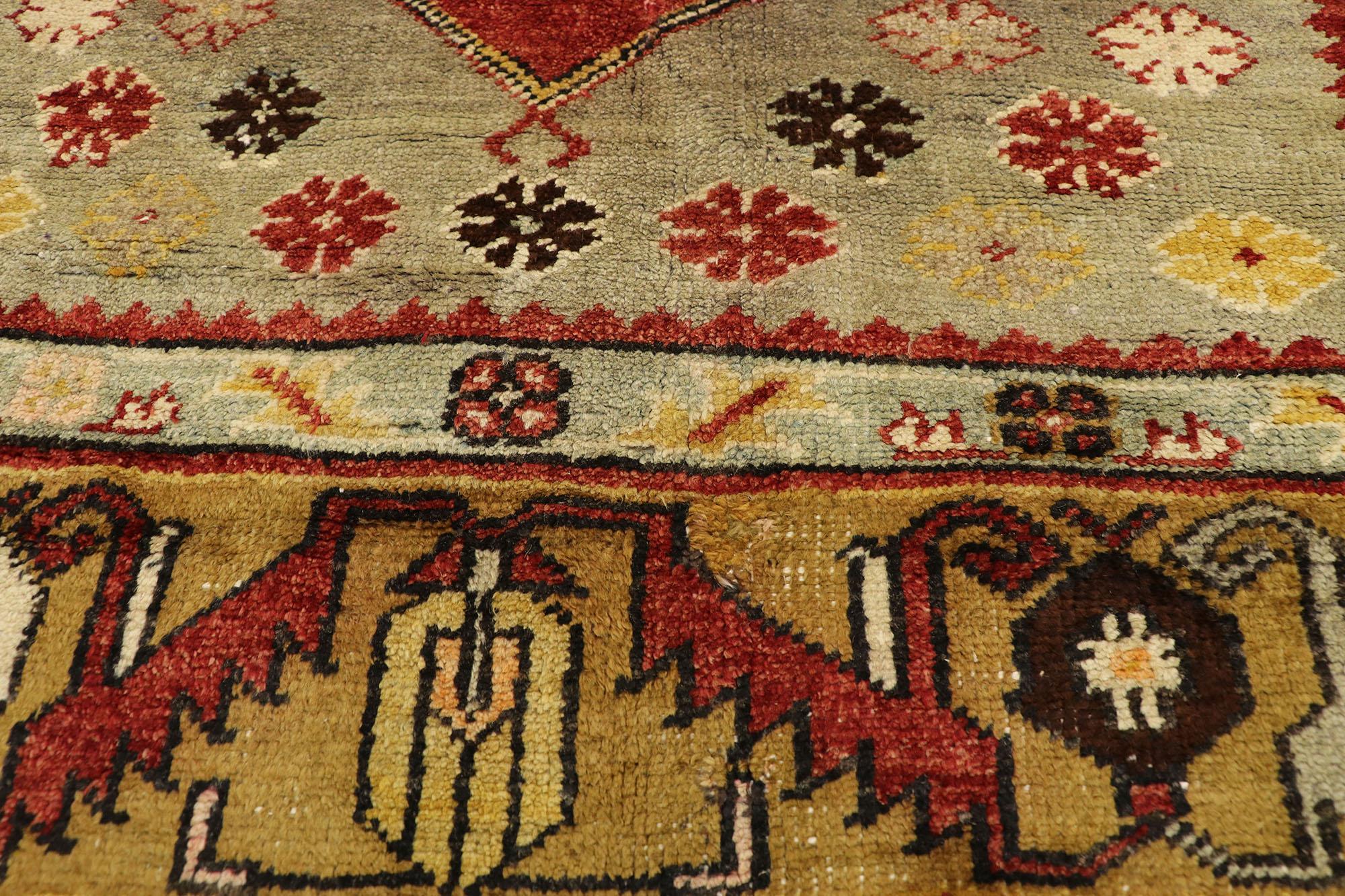 Vintage Turkish Oushak Gallery Rug with Tudor Style, Wide Hallway Runner In Good Condition For Sale In Dallas, TX