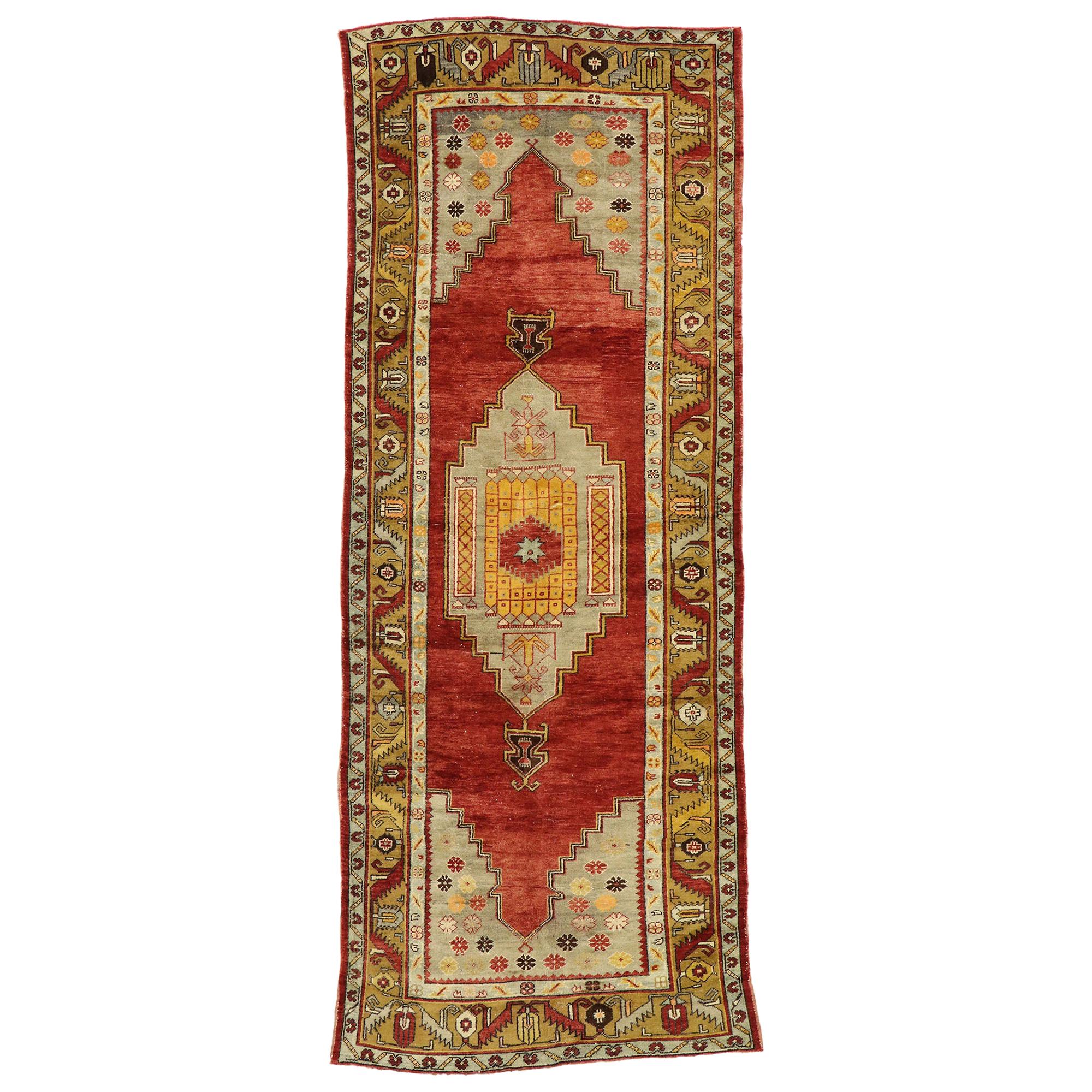 Vintage Turkish Oushak Gallery Rug with Tudor Style, Wide Hallway Runner For Sale