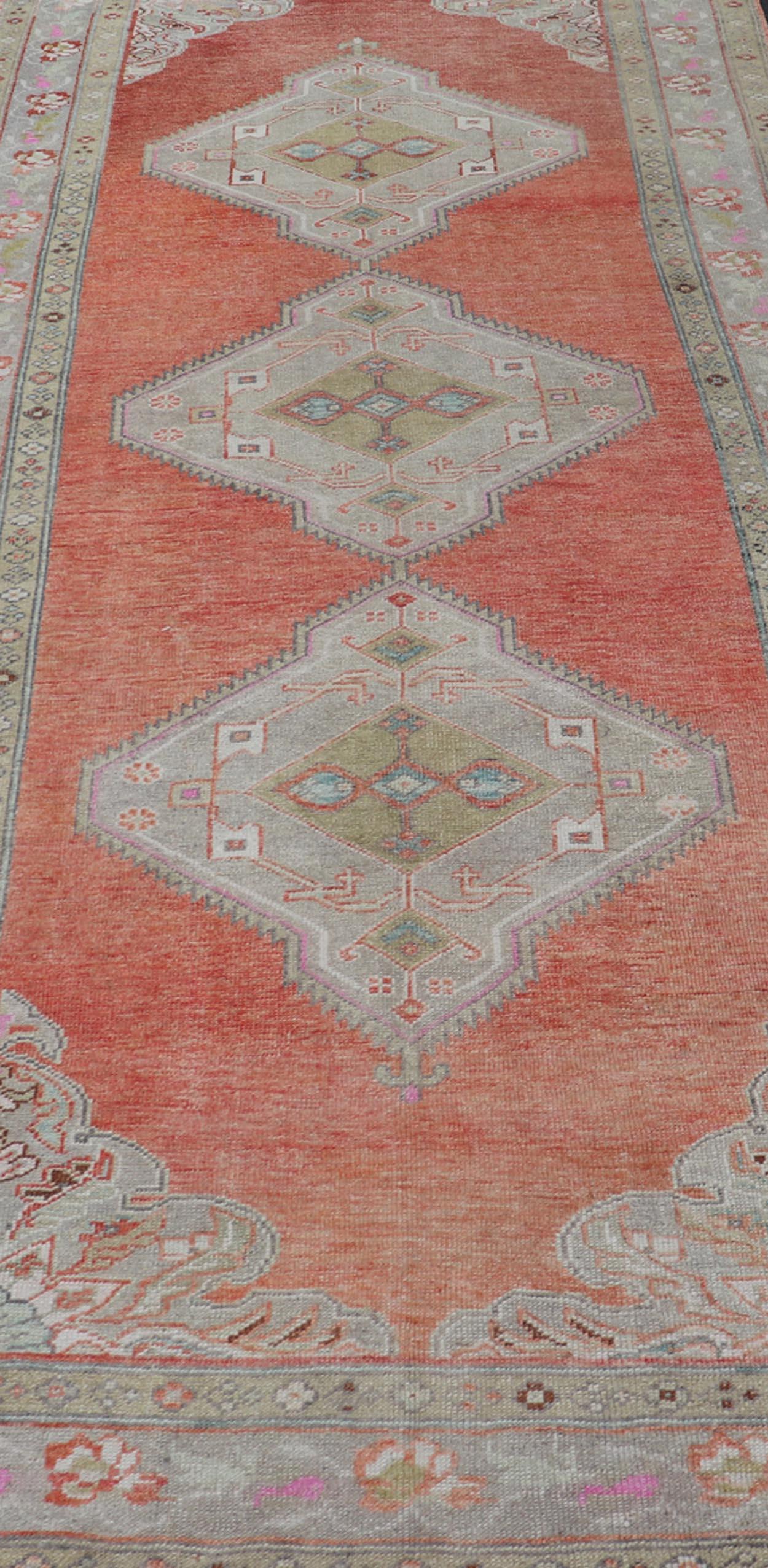 Vintage Turkish Oushak Gallery Runner in Coral, Grey, Green, Lavender, Yellow For Sale 4