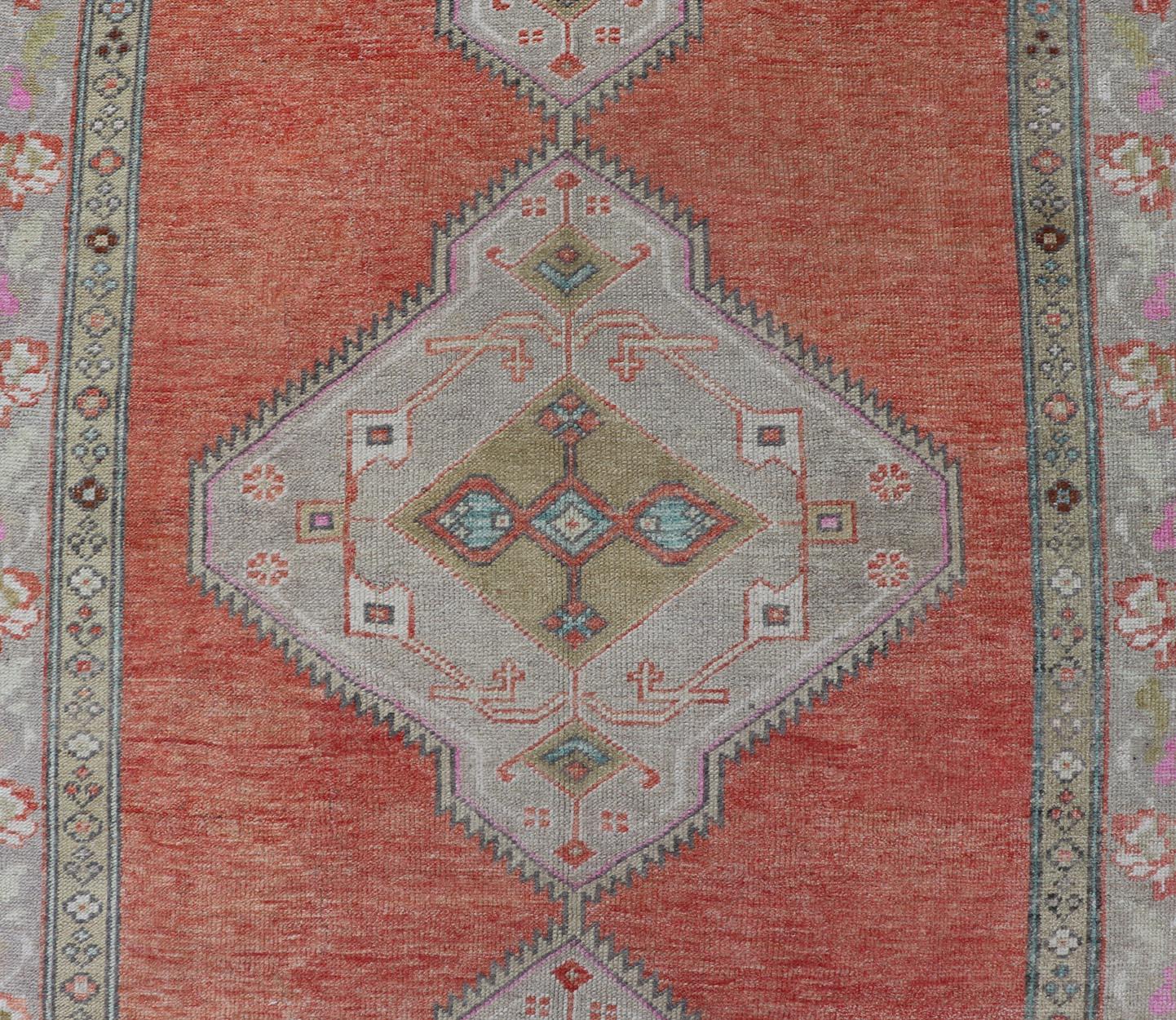 Colorful and Calm medallion vintage Oushak gallery runner from Turkey with Geometric Medallion Design, Keivan Woven Arts rug/TU-MTU-4969, country of origin / type: Turkey / Oushak, circa 1940, Vintage Gallery Runner vintage Turkish gallery