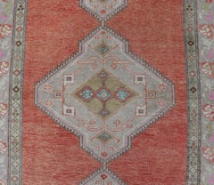 Vintage Turkish Oushak Gallery Runner in Coral, Grey, Green, Lavender, Yellow