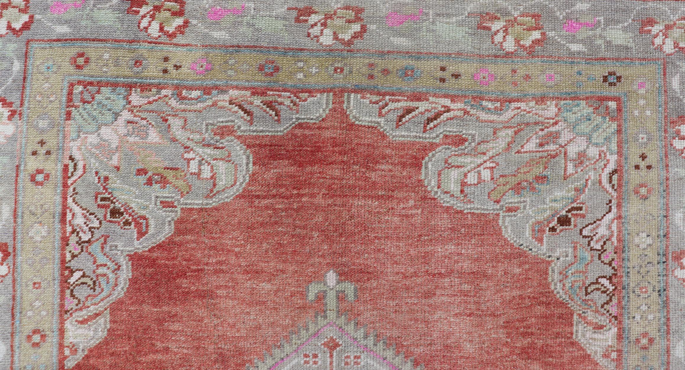 Hand-Knotted Vintage Turkish Oushak Gallery Runner in Coral, Grey, Green, Lavender, Yellow For Sale