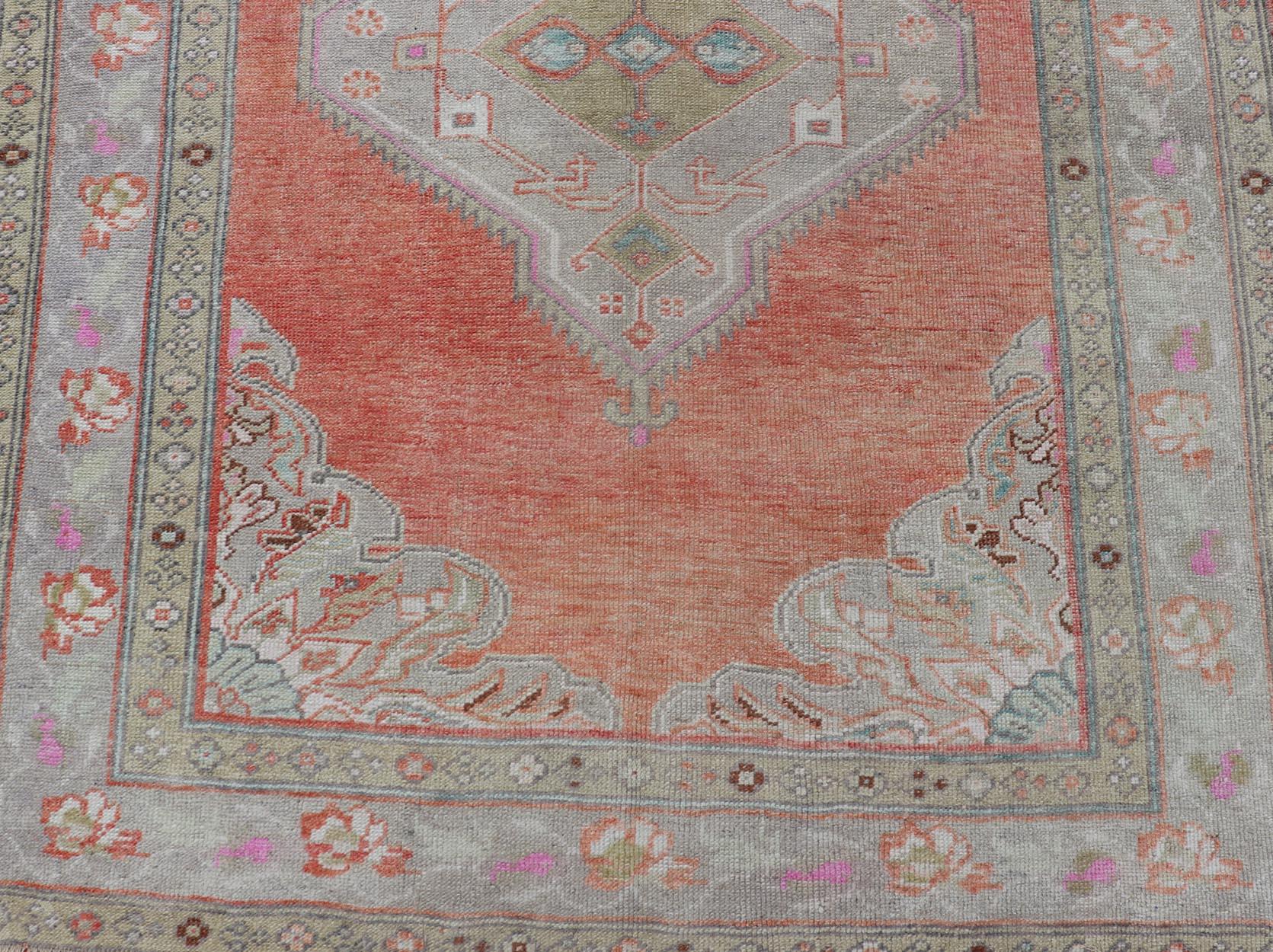 Vintage Turkish Oushak Gallery Runner in Coral, Grey, Green, Lavender, Yellow In Excellent Condition For Sale In Atlanta, GA