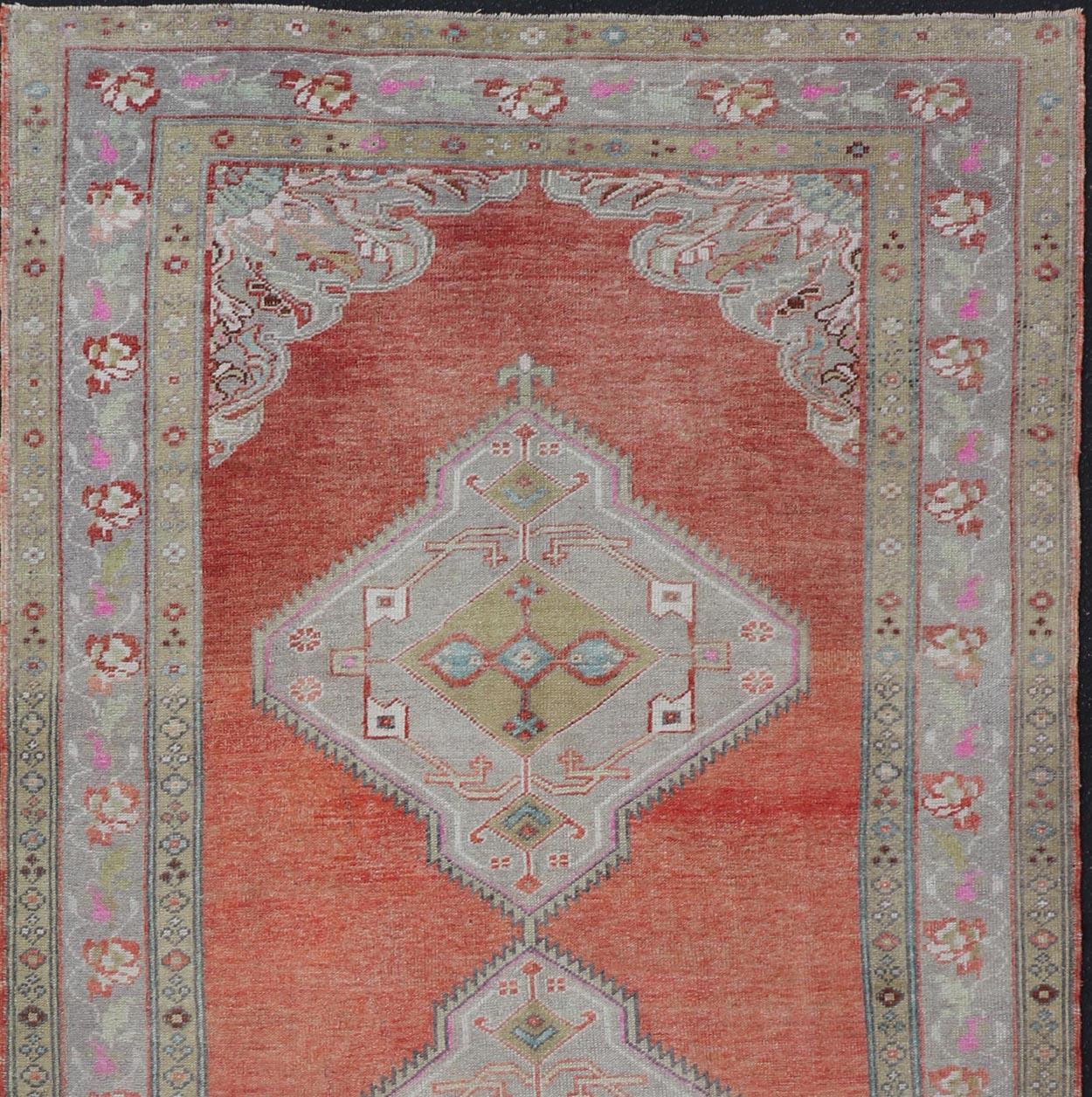 20th Century Vintage Turkish Oushak Gallery Runner in Coral, Grey, Green, Lavender, Yellow For Sale