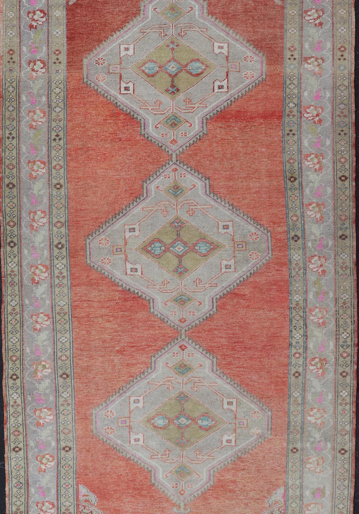 Wool Vintage Turkish Oushak Gallery Runner in Coral, Grey, Green, Lavender, Yellow For Sale