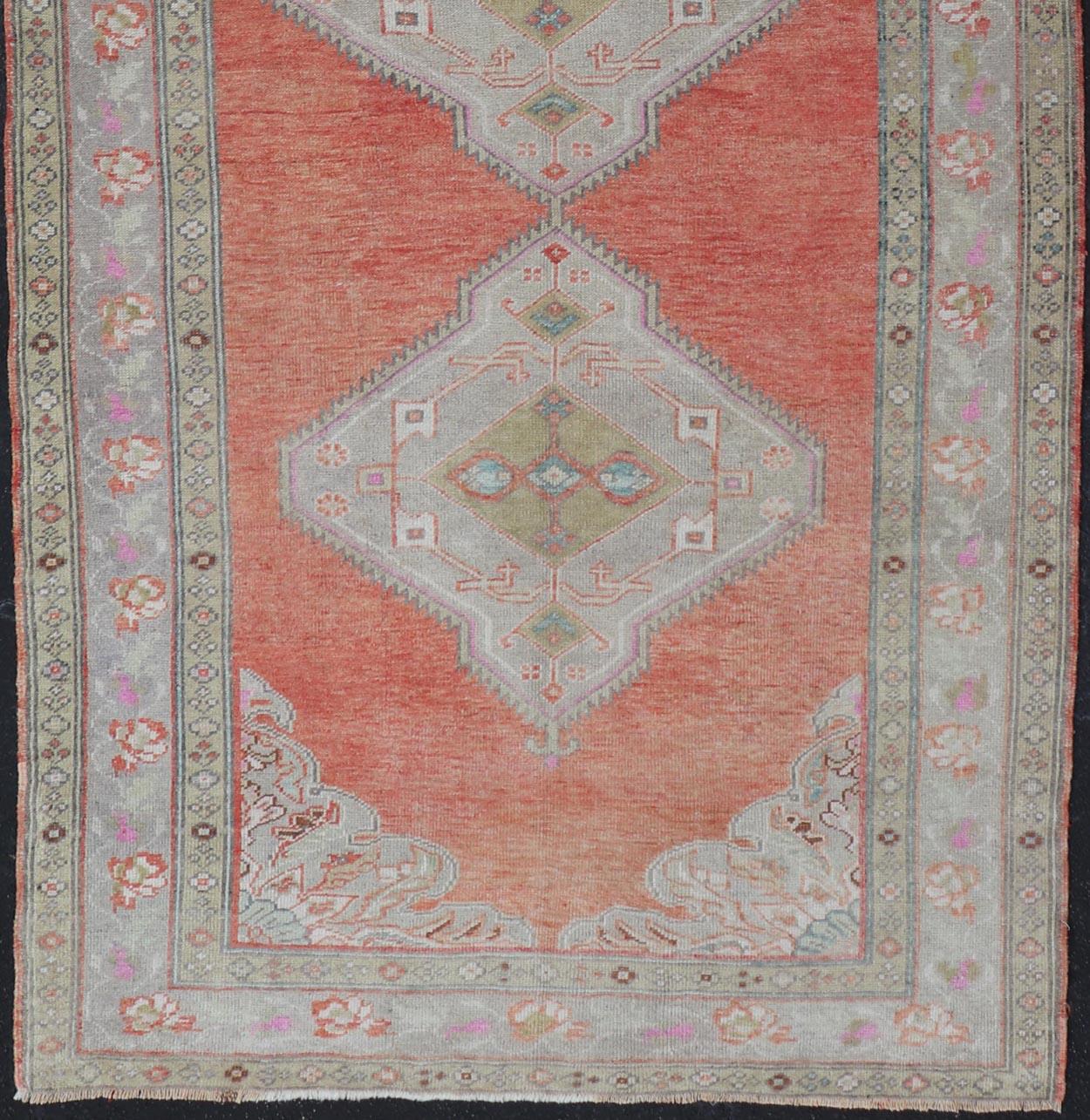 Vintage Turkish Oushak Gallery Runner in Coral, Grey, Green, Lavender, Yellow For Sale 1