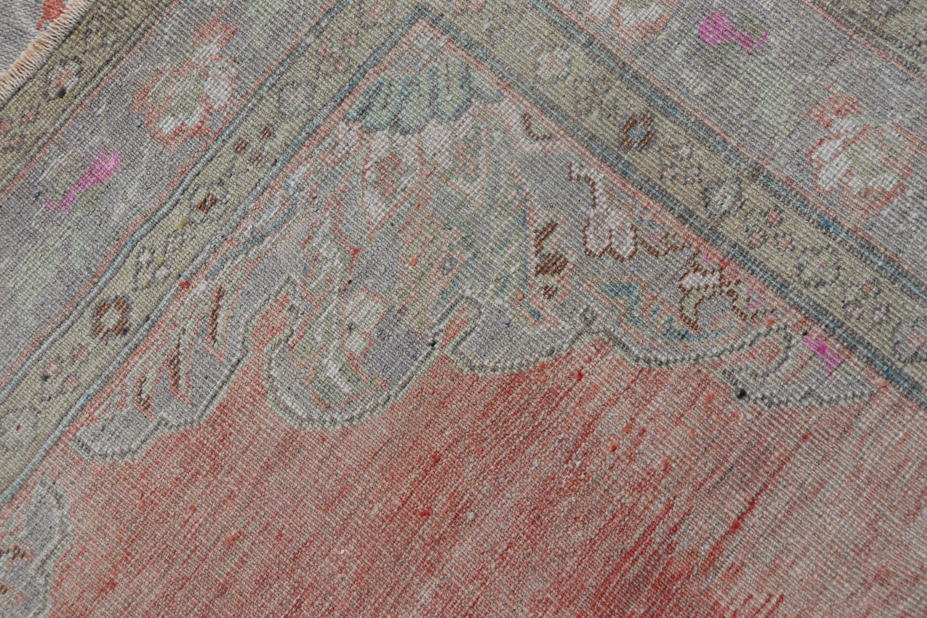 Vintage Turkish Oushak Gallery Runner in Coral, Grey, Green, Lavender, Yellow For Sale 2