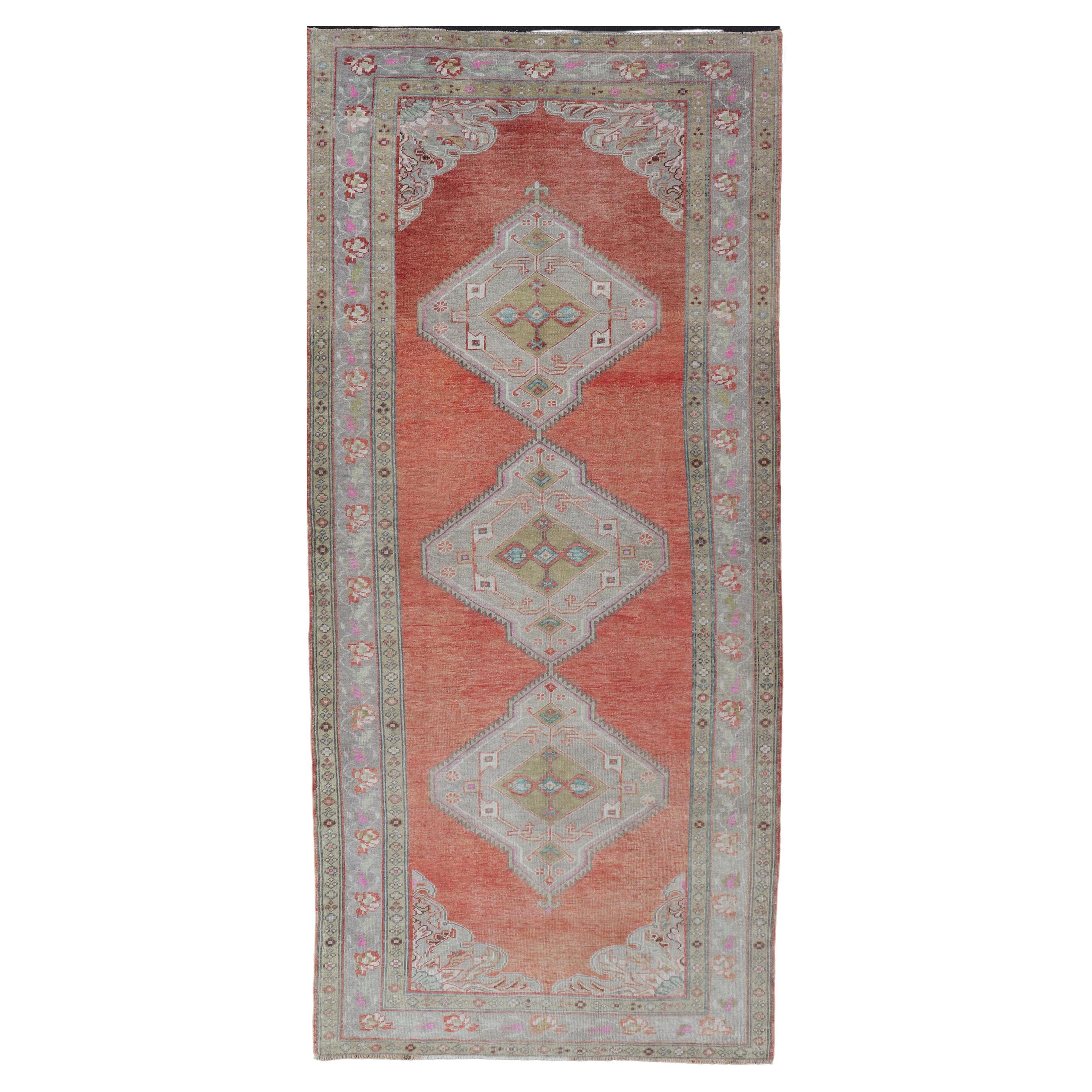 Vintage Turkish Oushak Gallery Runner in Coral, Grey, Green, Lavender, Yellow For Sale