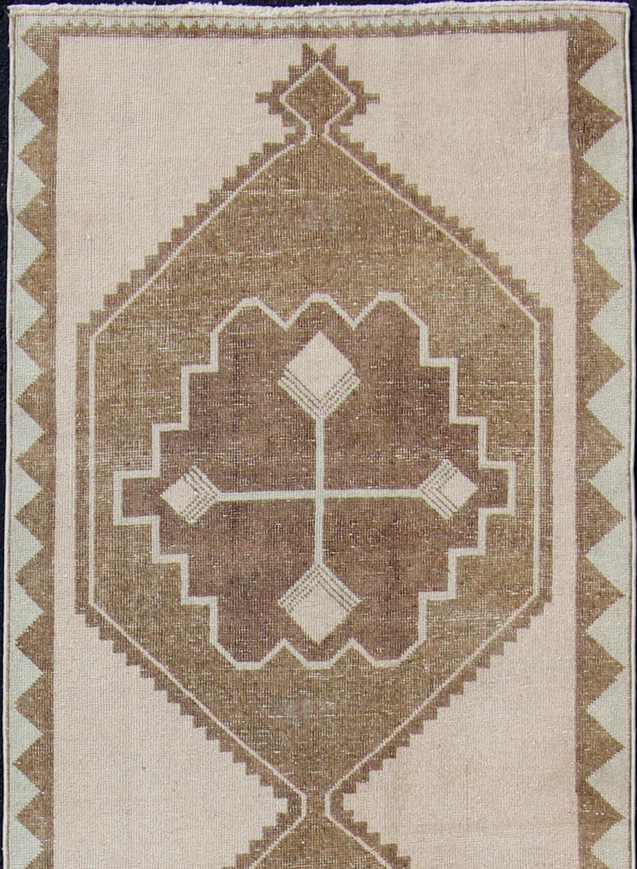 20th Century Vintage Turkish Oushak Gallery Runner in Soft Beige and Taupe 3'8 x 13'4 For Sale