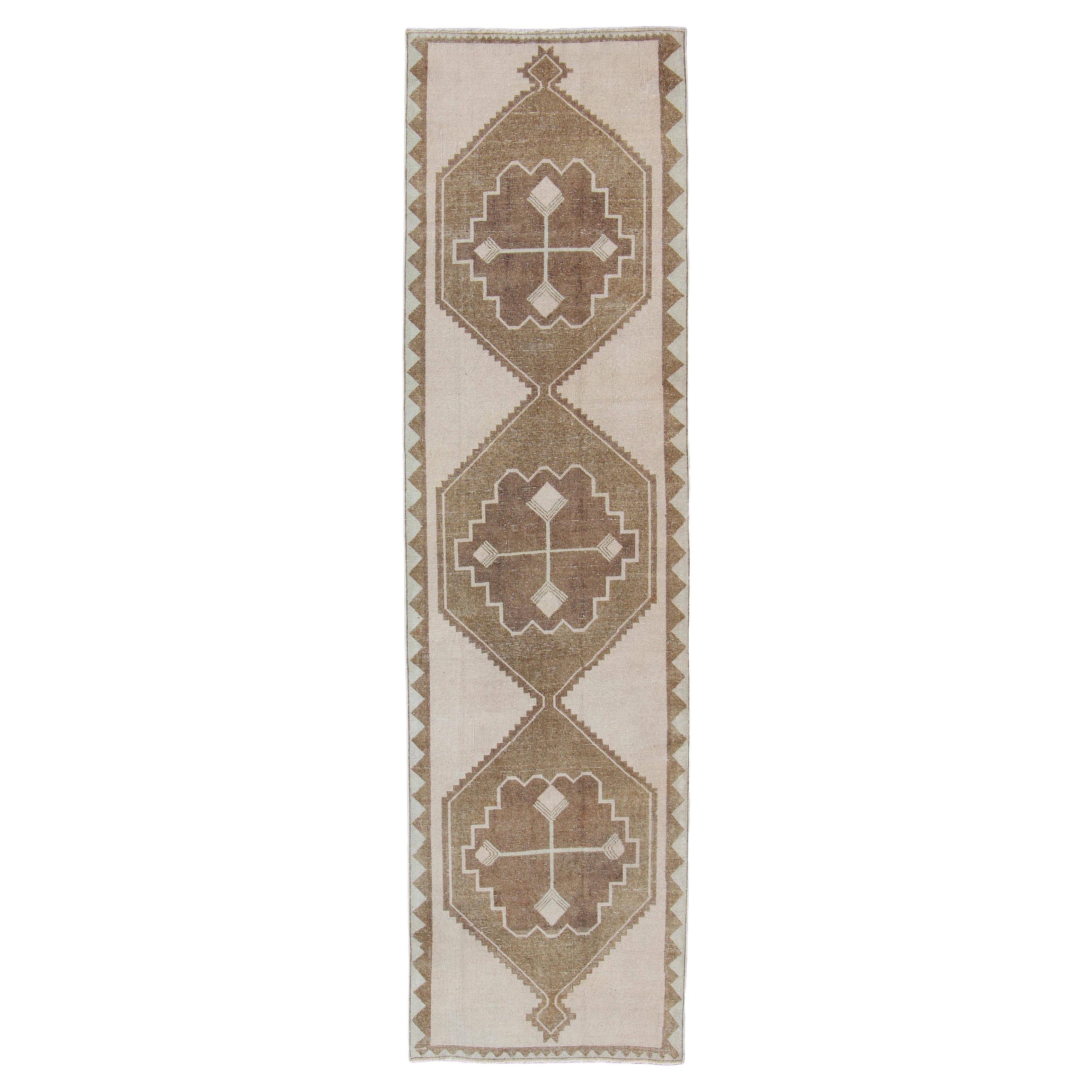 Vintage Turkish Oushak Gallery Runner in Soft Beige and Taupe 3'8 x 13'4 For Sale