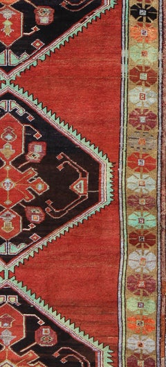 Vintage Turkish Oushak Gallery Runner with Bold Red Field with Green 4'4 x 11'10