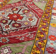 Vintage Turkish Oushak Gallery Runner with Bold Red, Lavender, Green 3'1 x 4'3