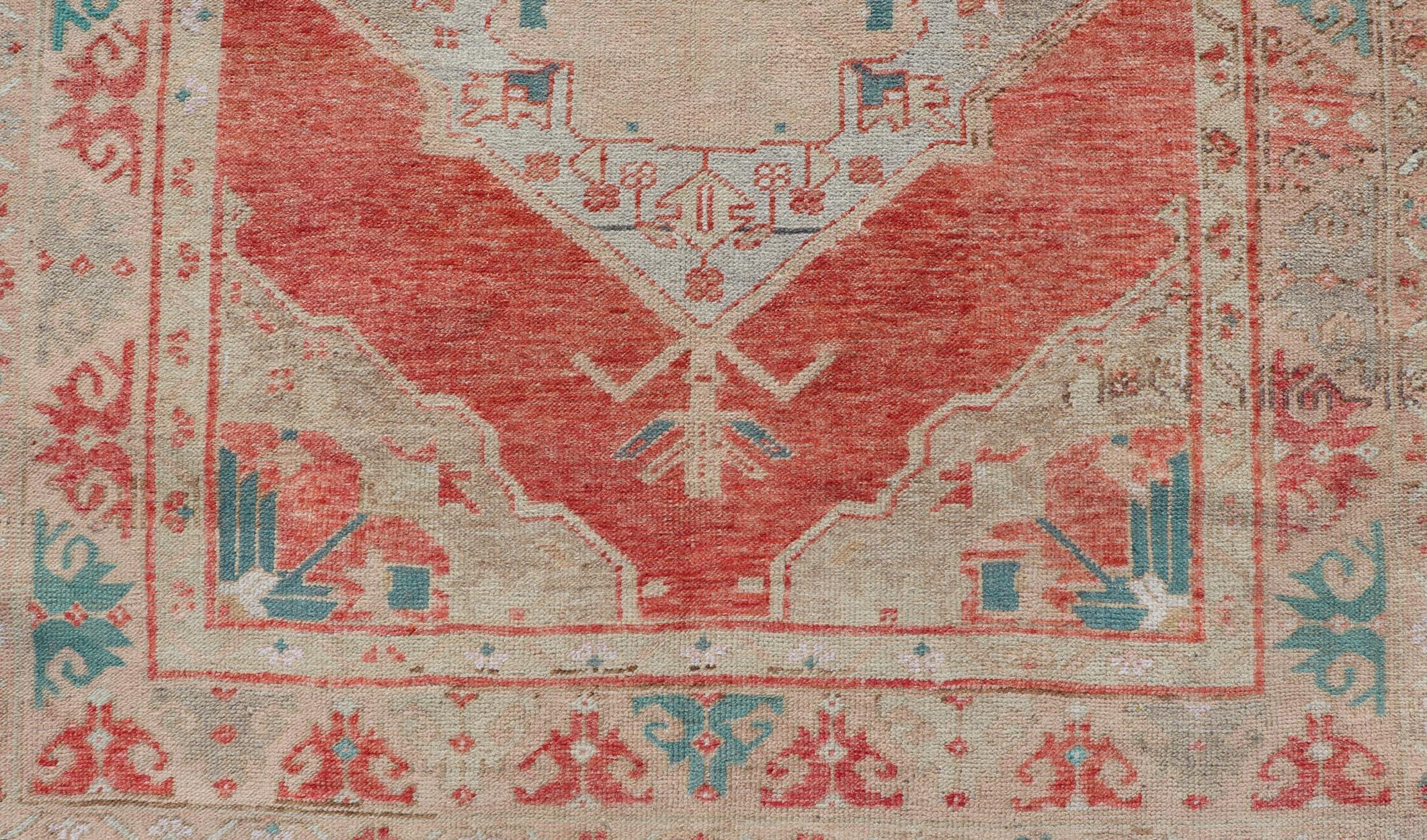 Vintage Turkish Oushak Gallery Runner with Floral's in Orange and Green For Sale 4