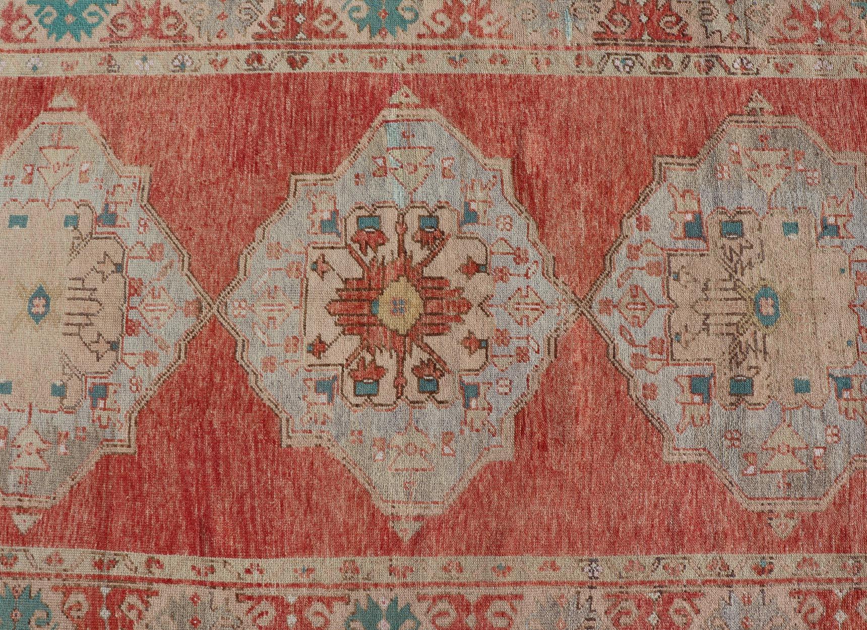 Medallion vintage Turkish Oushak in orange, green, cream and brown, 
Keivan Woven Arts / rug TU-MTU-4966 country of origin / type: Turkey / Oushak, circa 1940.
Measures: 4'7 x 10'3.
