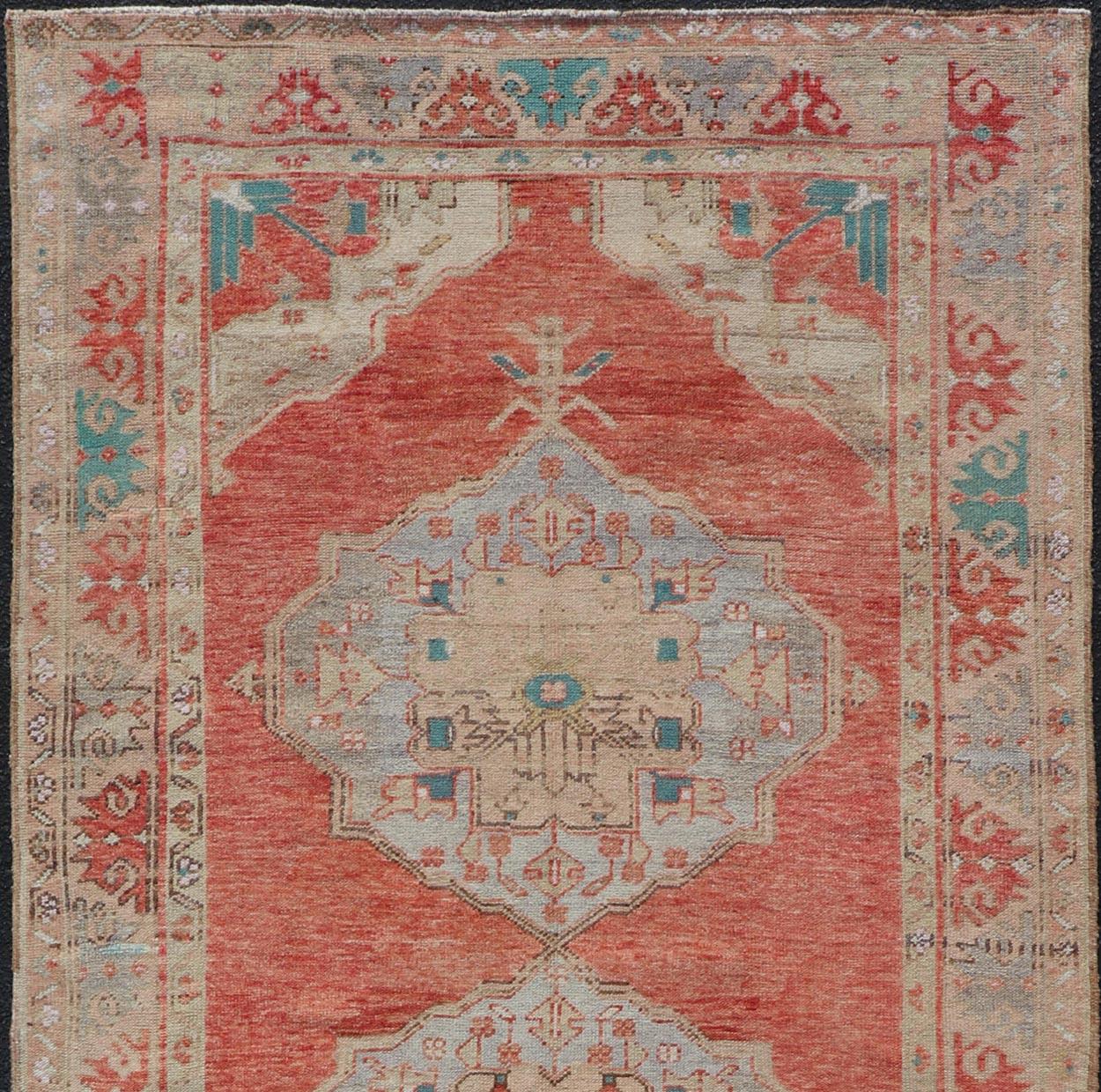 Hand-Knotted Vintage Turkish Oushak Gallery Runner with Floral's in Orange and Green For Sale