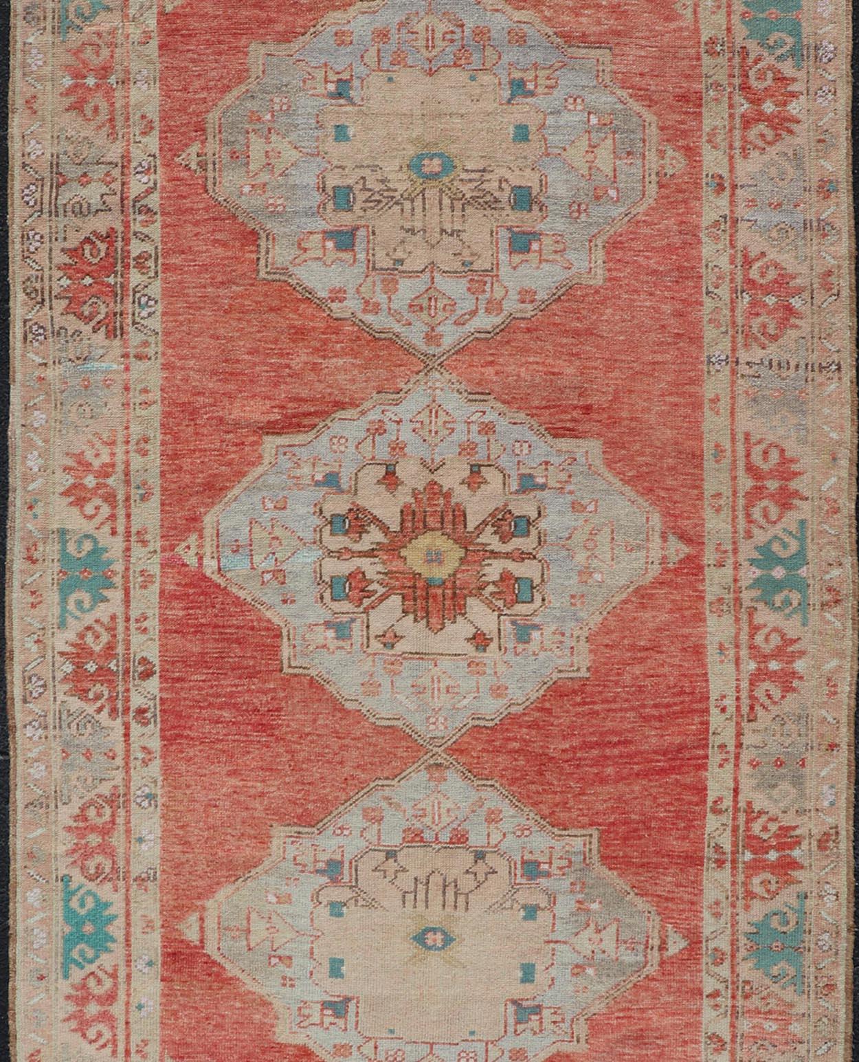 Vintage Turkish Oushak Gallery Runner with Floral's in Orange and Green In Good Condition For Sale In Atlanta, GA