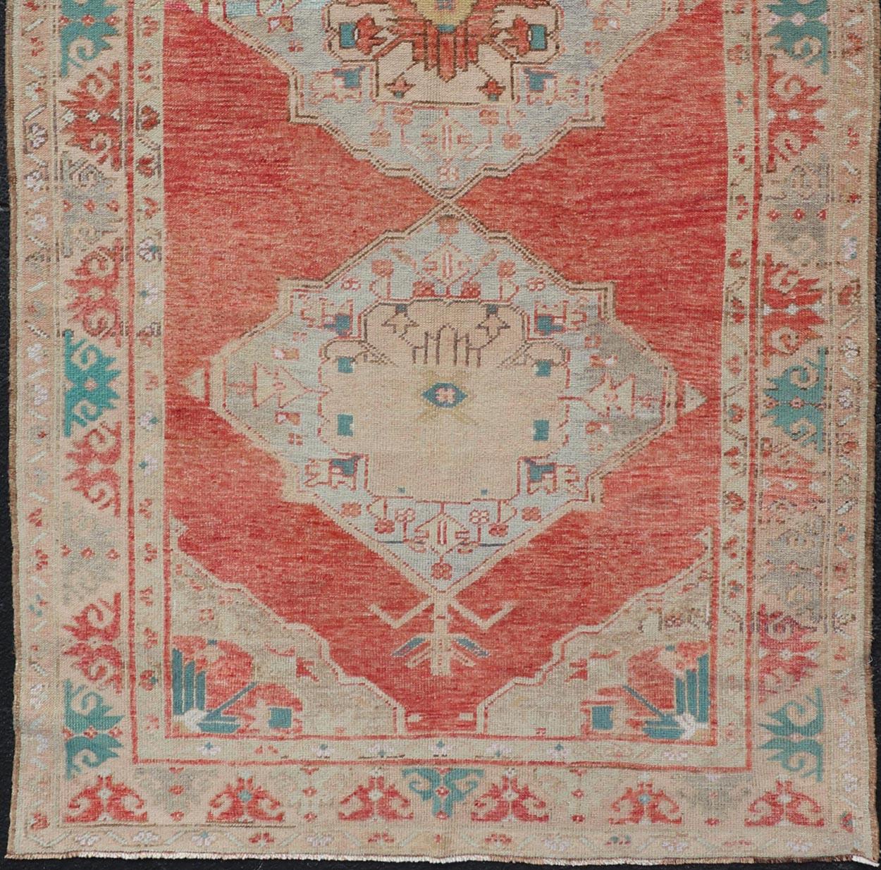20th Century Vintage Turkish Oushak Gallery Runner with Floral's in Orange and Green For Sale