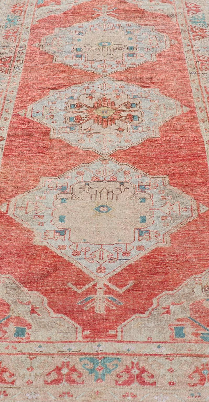 Wool Vintage Turkish Oushak Gallery Runner with Floral's in Orange and Green For Sale