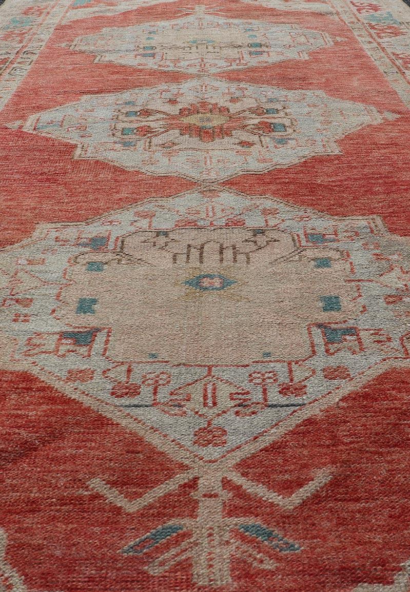 Vintage Turkish Oushak Gallery Runner with Floral's in Orange and Green For Sale 1