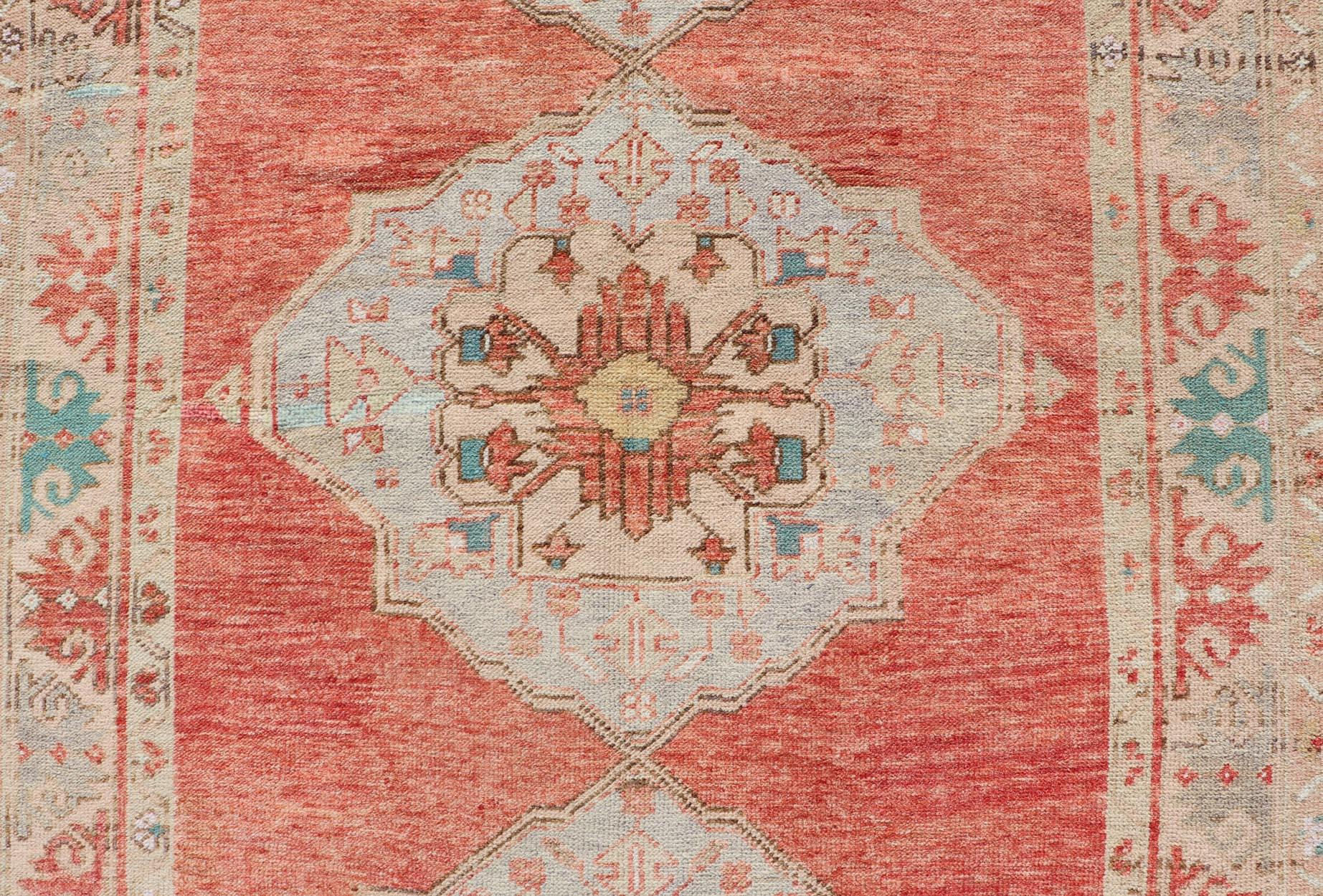 Vintage Turkish Oushak Gallery Runner with Floral's in Orange and Green For Sale 2