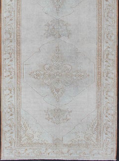 Turkish Oushak Runner in Pale Ice Blue, Ivory, and Faint Taupe Subtle Medallions