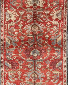 Vintage Turkish Oushak Gallery Runner with Red Field and Blue Accents4'6 x 10'10