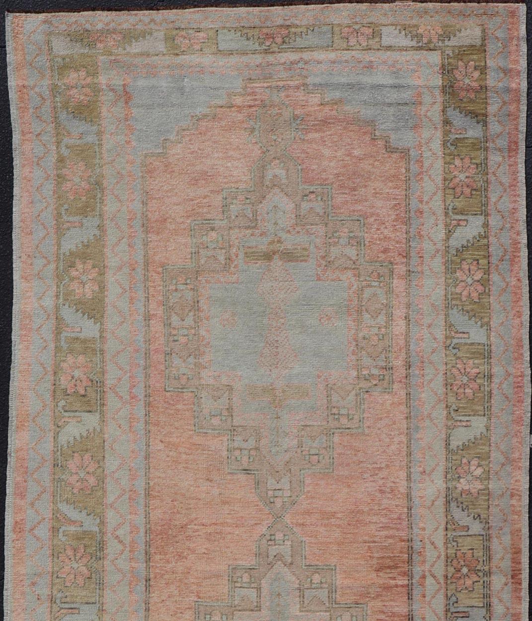 Vintage Turkish Oushak Gallery with Tribal Medallions in Soft Peach and Green In Good Condition For Sale In Atlanta, GA