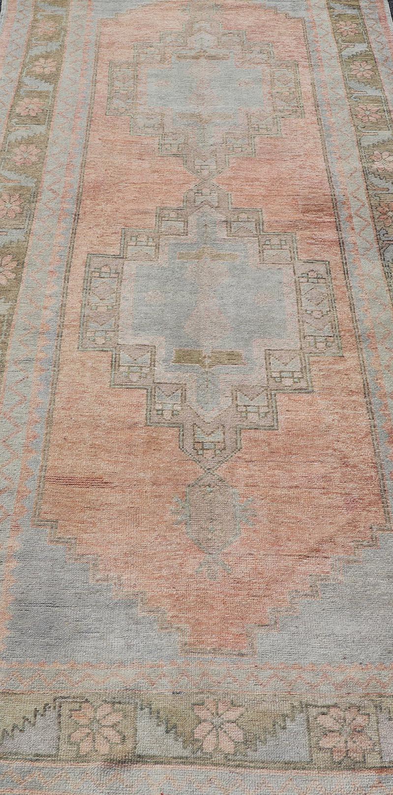 Vintage Turkish Oushak Gallery with Tribal Medallions in Soft Peach and Green For Sale 1
