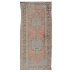 Vintage Turkish Oushak Gallery with Tribal Medallions in Soft Peach and Green