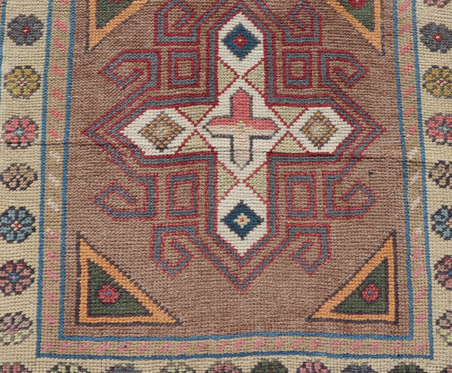 Wool Vintage Turkish Oushak Geometric Cross Medallion's With Floral Border   For Sale