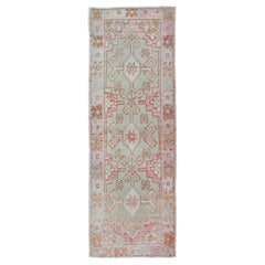 Vintage Turkish Oushak Geometric Runner with in Light Green and Coral Color