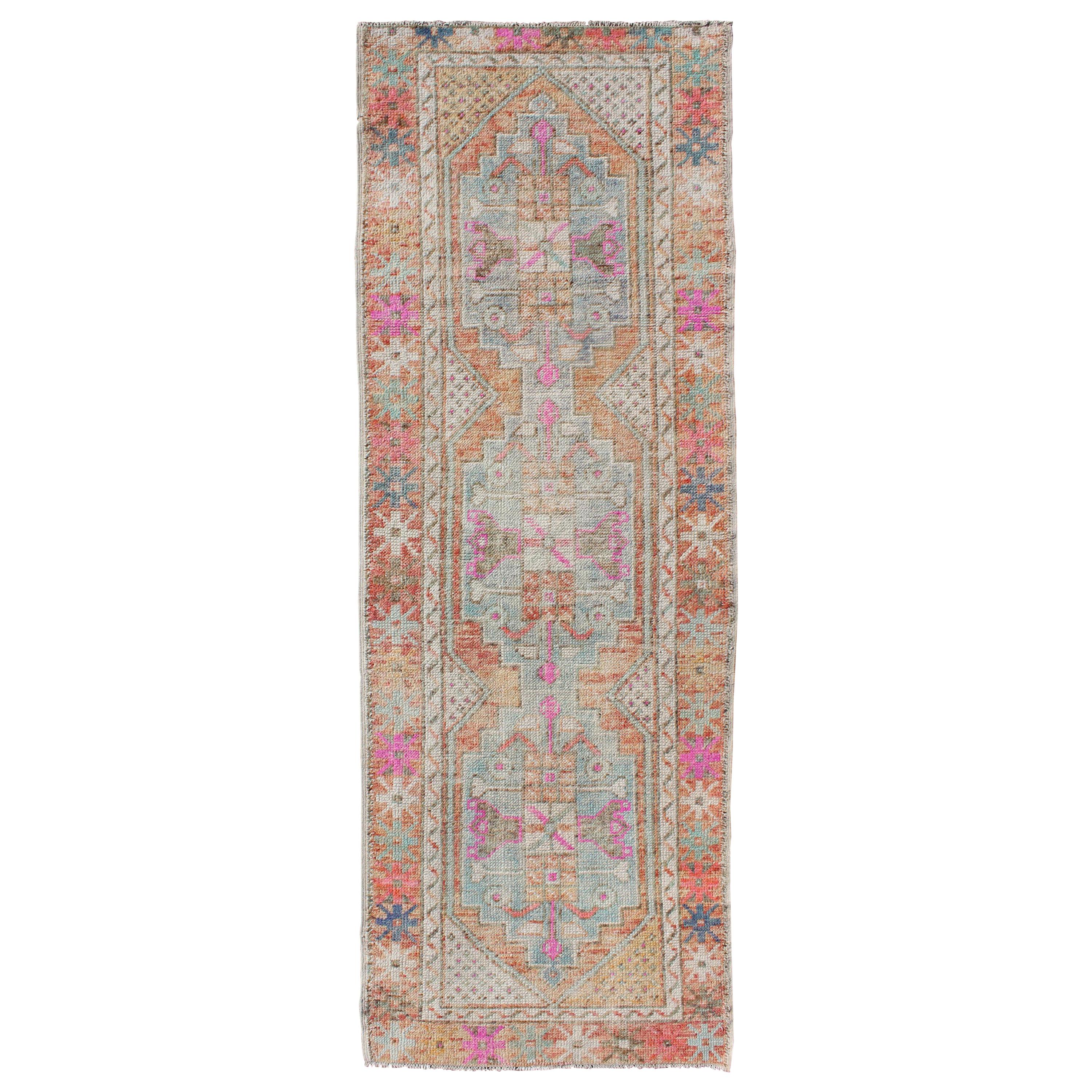 Vintage Turkish Oushak Geometric Runner with in Light Orange and Rainbow Colors