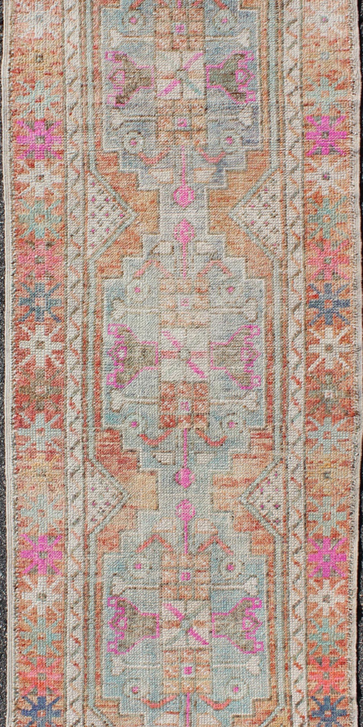 Hand-Knotted Vintage Turkish Oushak Geometric Runner with in Light Orange and Rainbow Colors For Sale