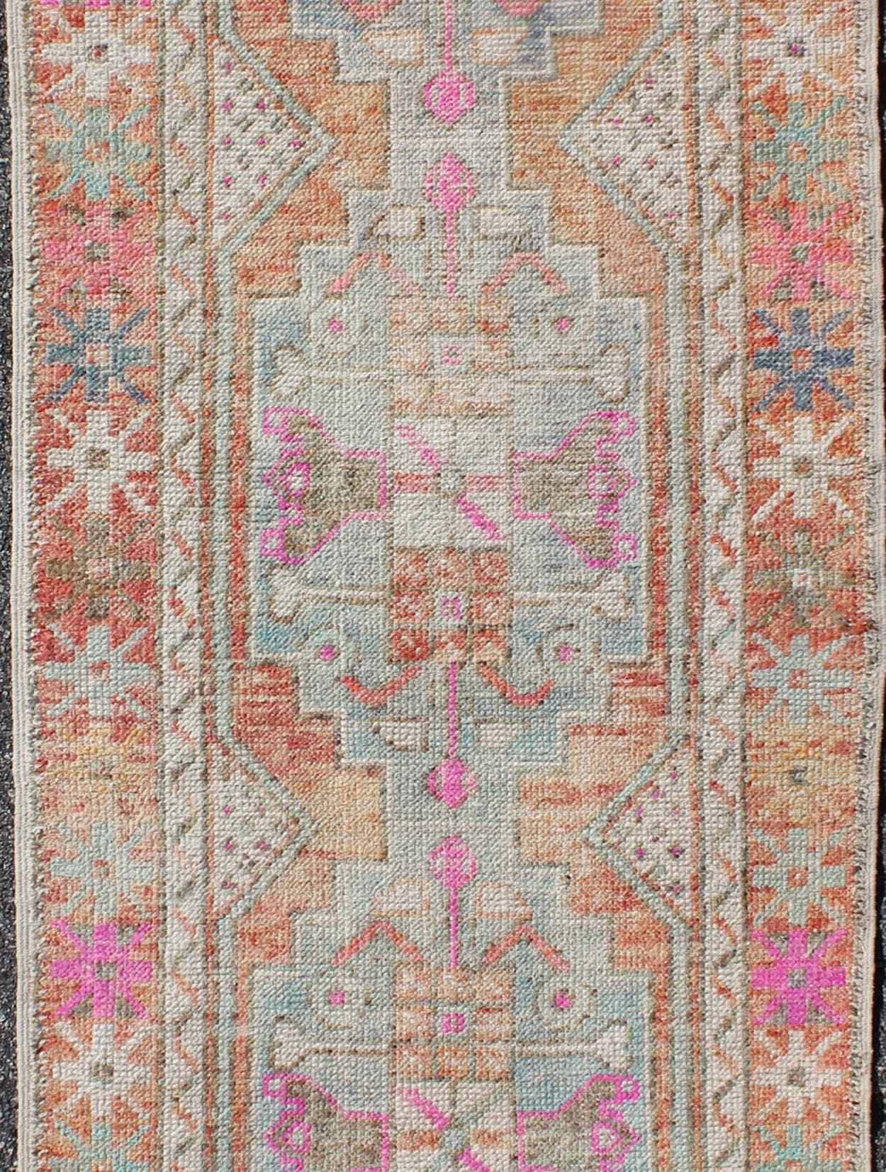 Vintage Turkish Oushak Geometric Runner with in Light Orange and Rainbow Colors In Good Condition For Sale In Atlanta, GA