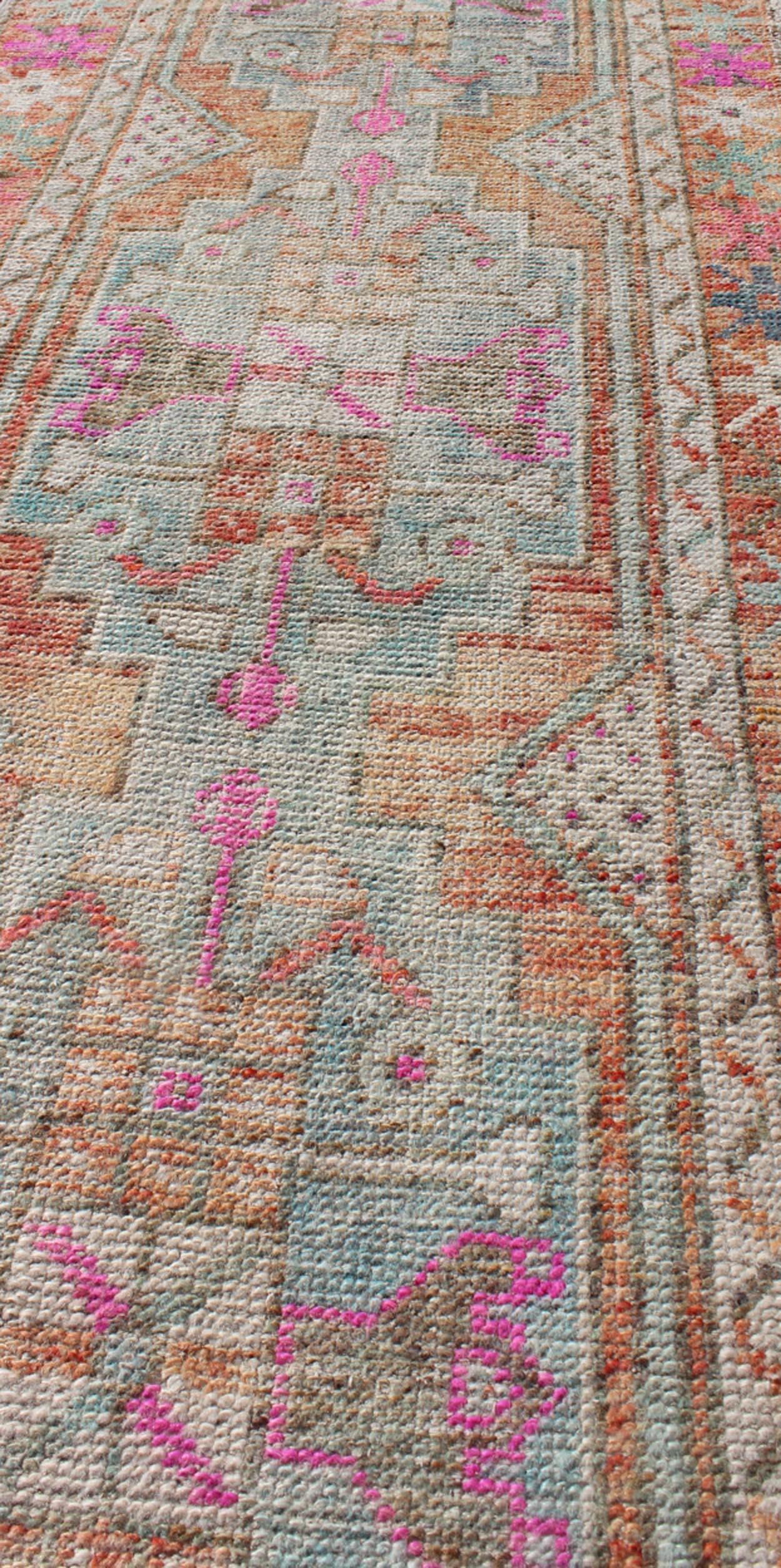 Mid-20th Century Vintage Turkish Oushak Geometric Runner with in Light Orange and Rainbow Colors For Sale