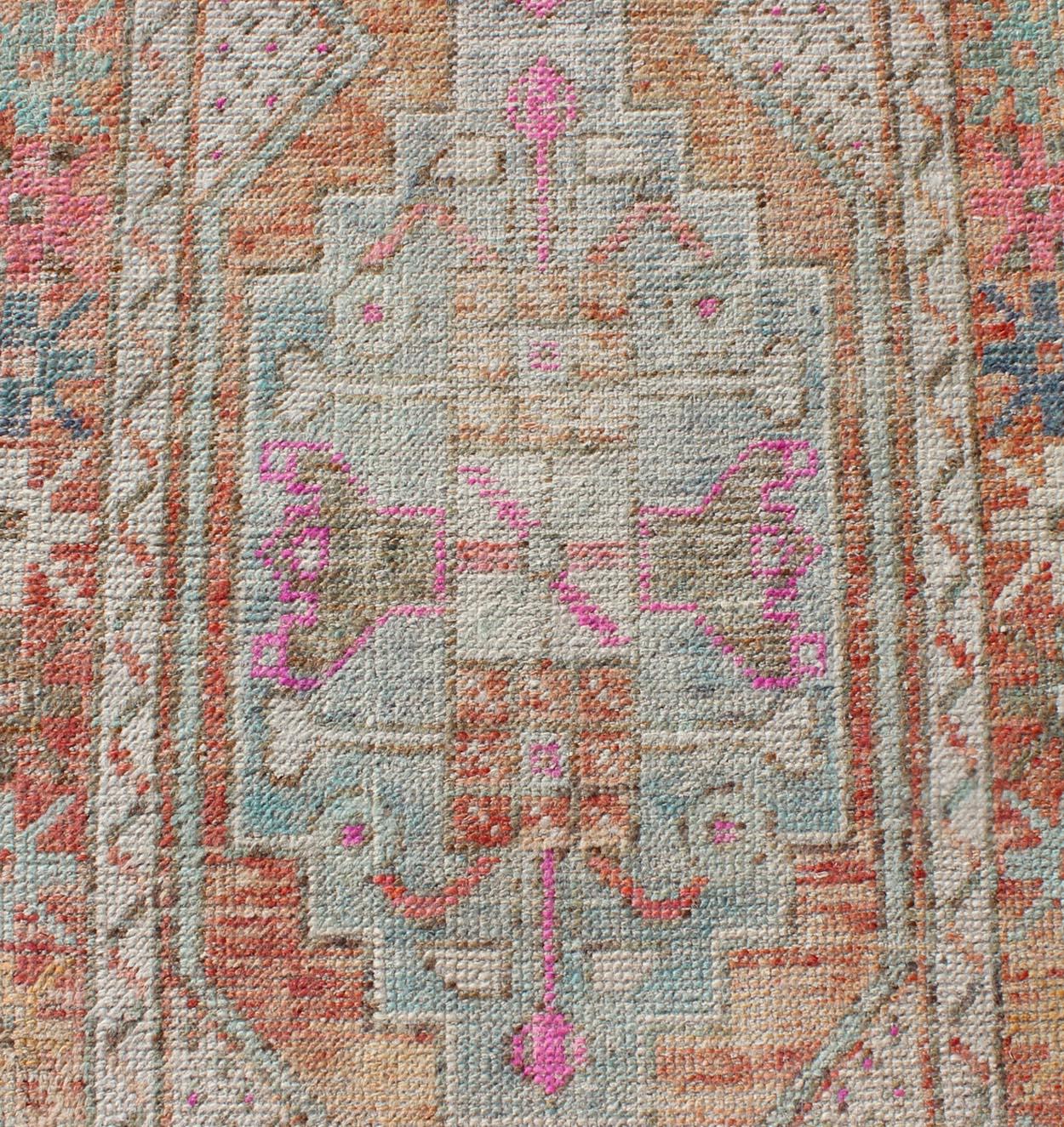 Wool Vintage Turkish Oushak Geometric Runner with in Light Orange and Rainbow Colors For Sale