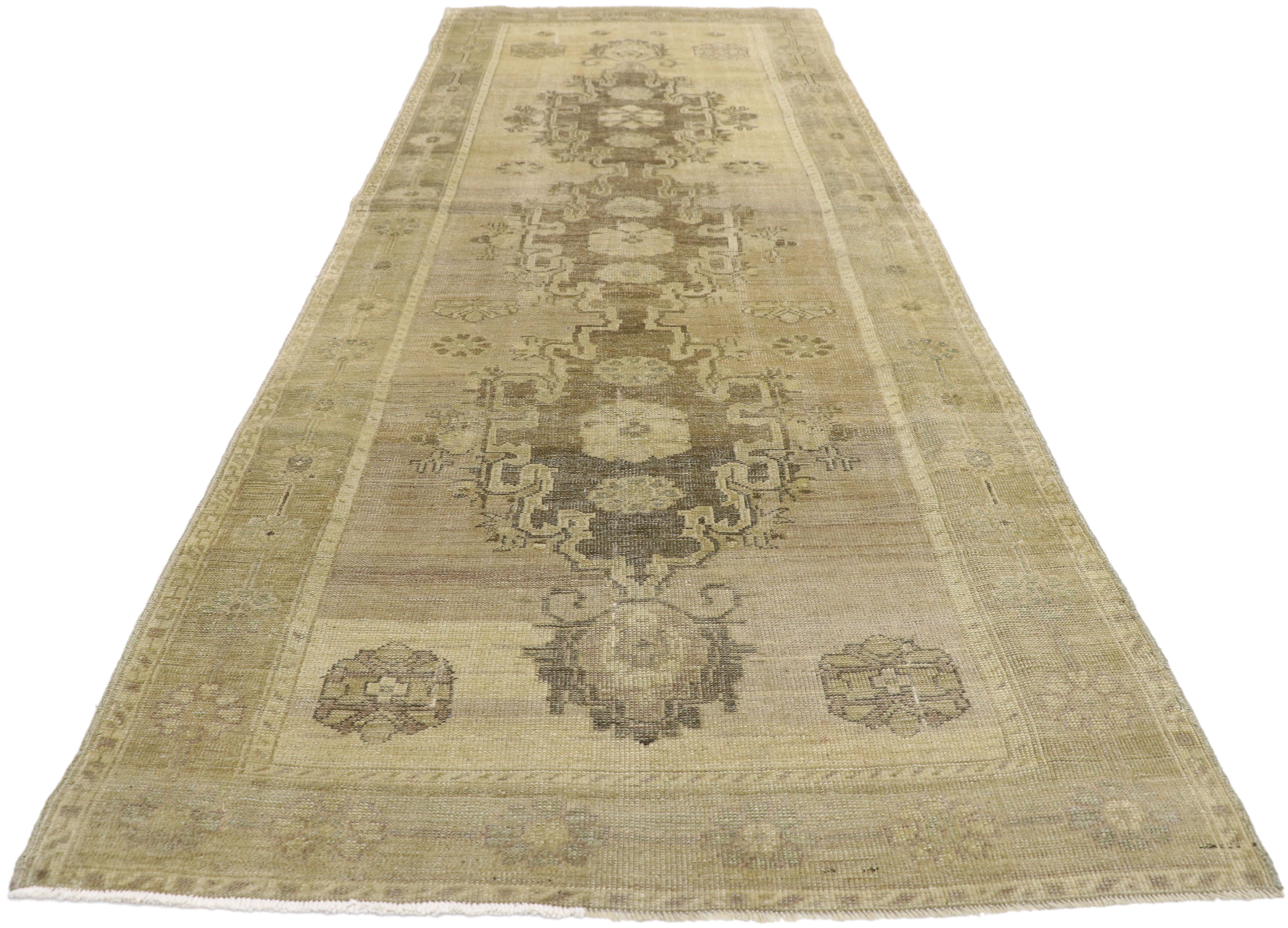 Hand-Knotted Vintage Turkish Oushak Hallway Runner with American Colonial Style For Sale