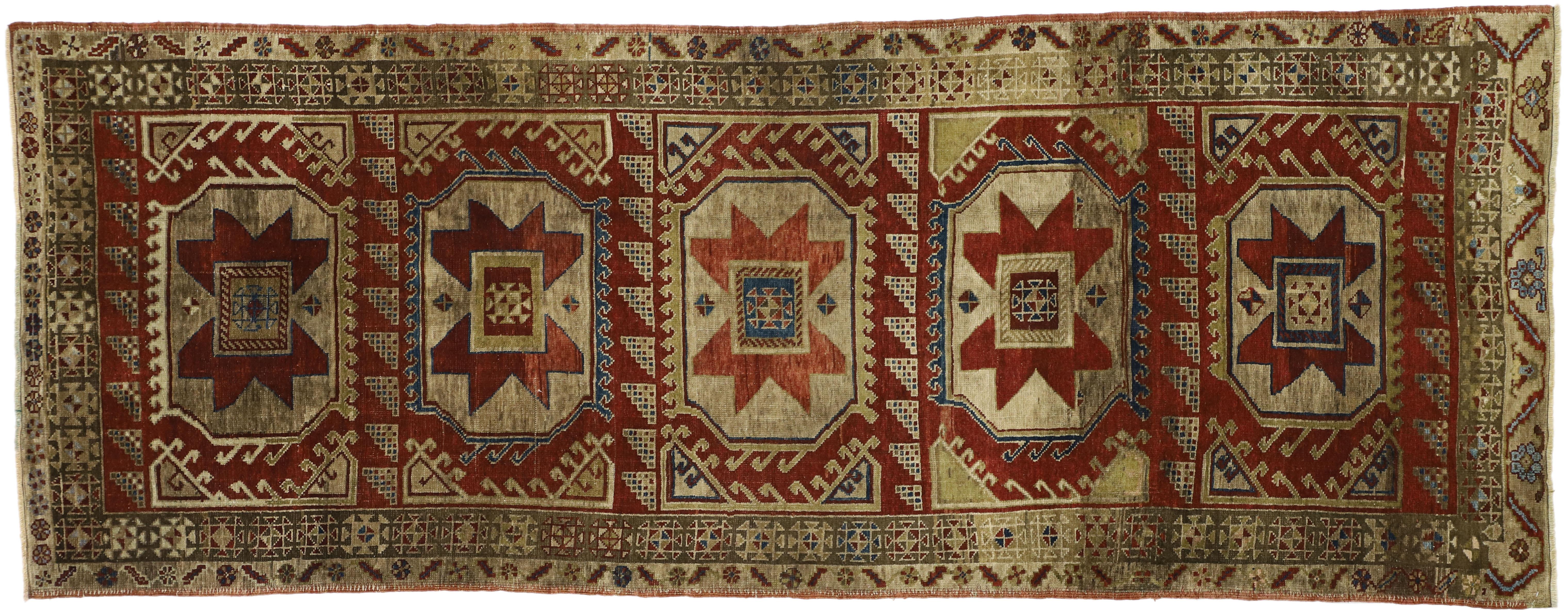 Wool Vintage Turkish Oushak Hallway Runner with Art Deco Mission Style