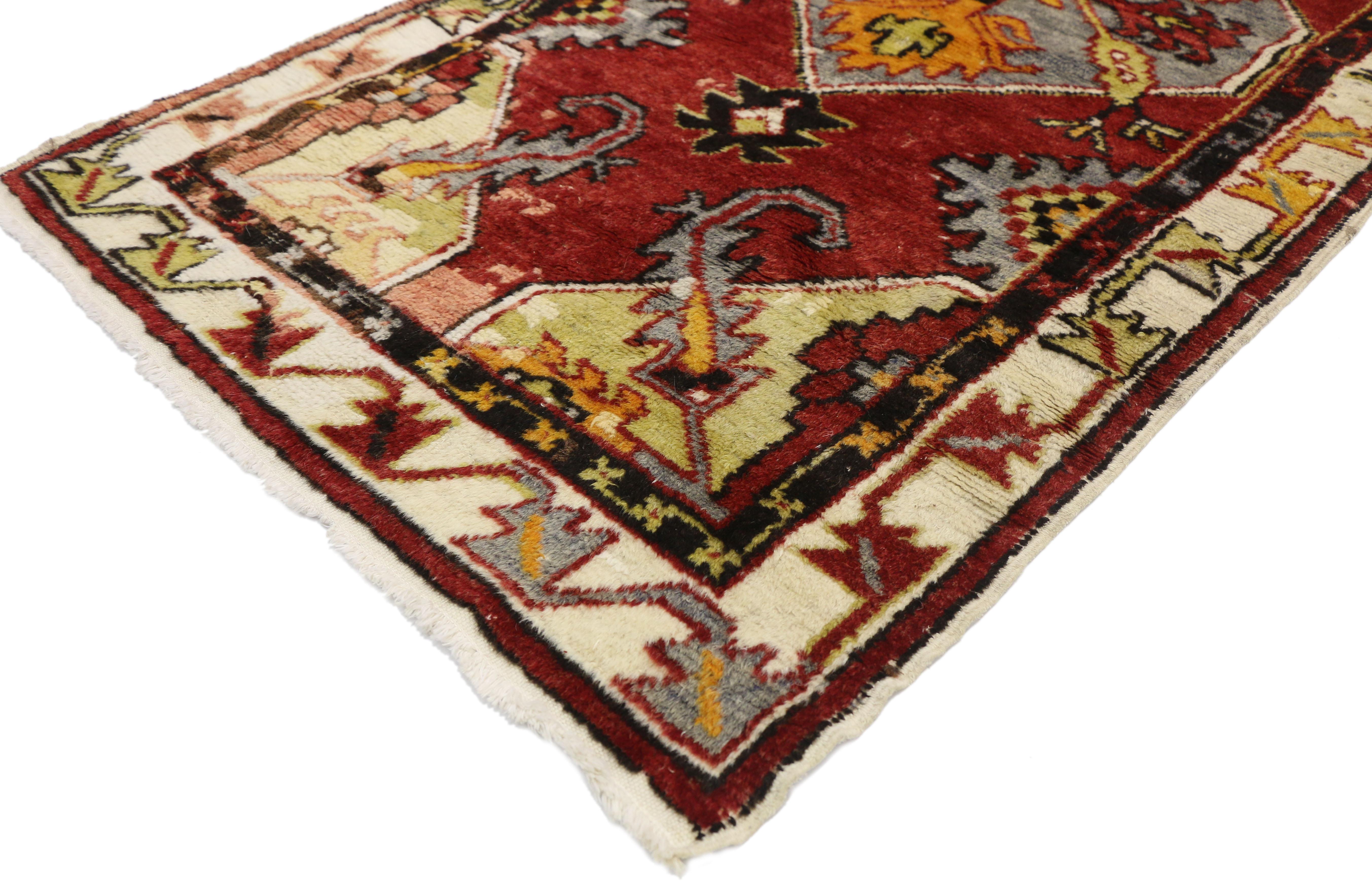 77279 vintage Turkish Oushak Hallway Runner with Artisan Tribal style. This hand knotted wool vintage Turkish Oushak hallway runner features three hexagonal medallions filled with angular botanical motifs and extending angular vines with palmettes