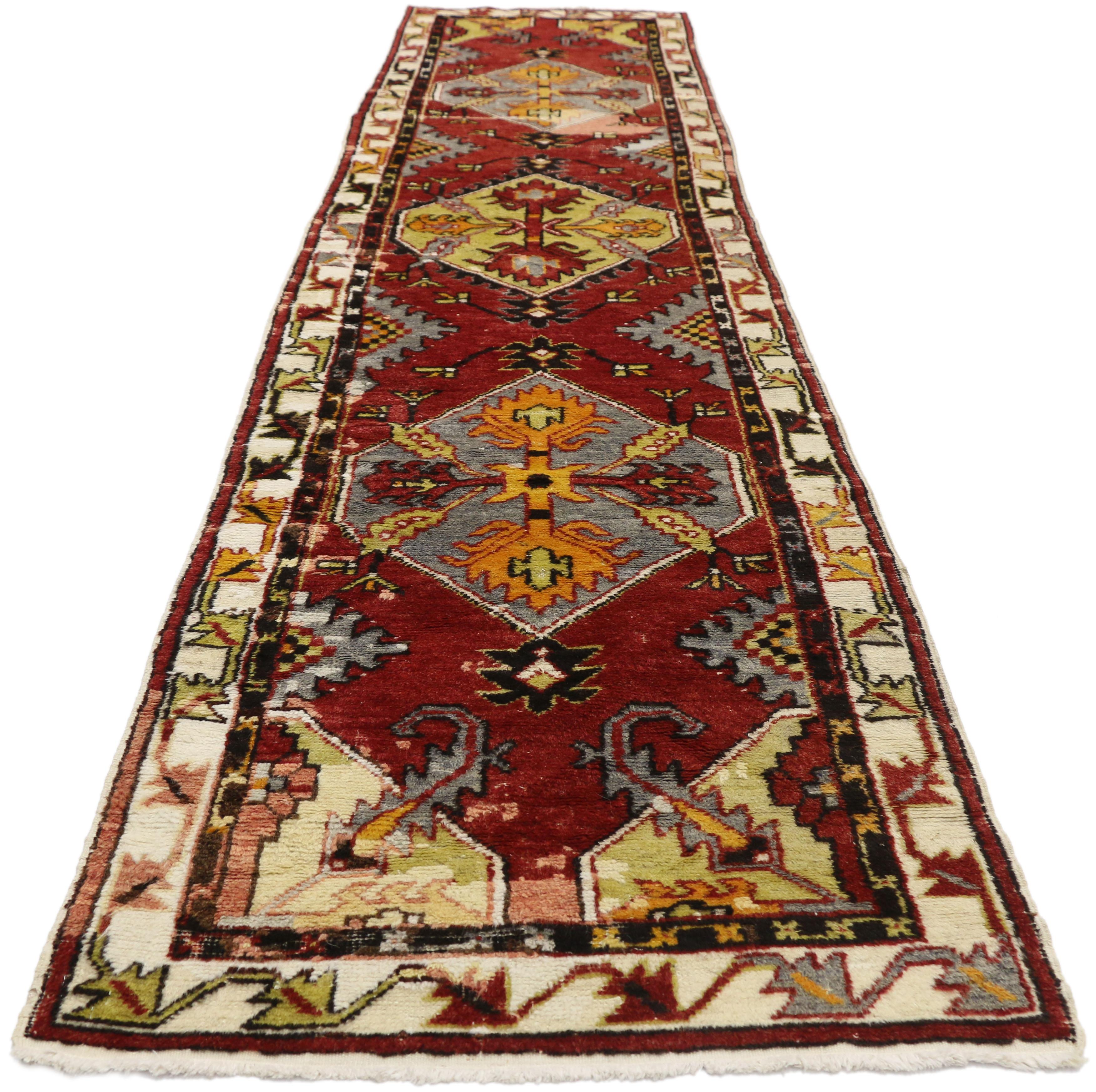 Hand-Knotted Vintage Turkish Oushak Hallway Runner with Artisan Tribal Style For Sale
