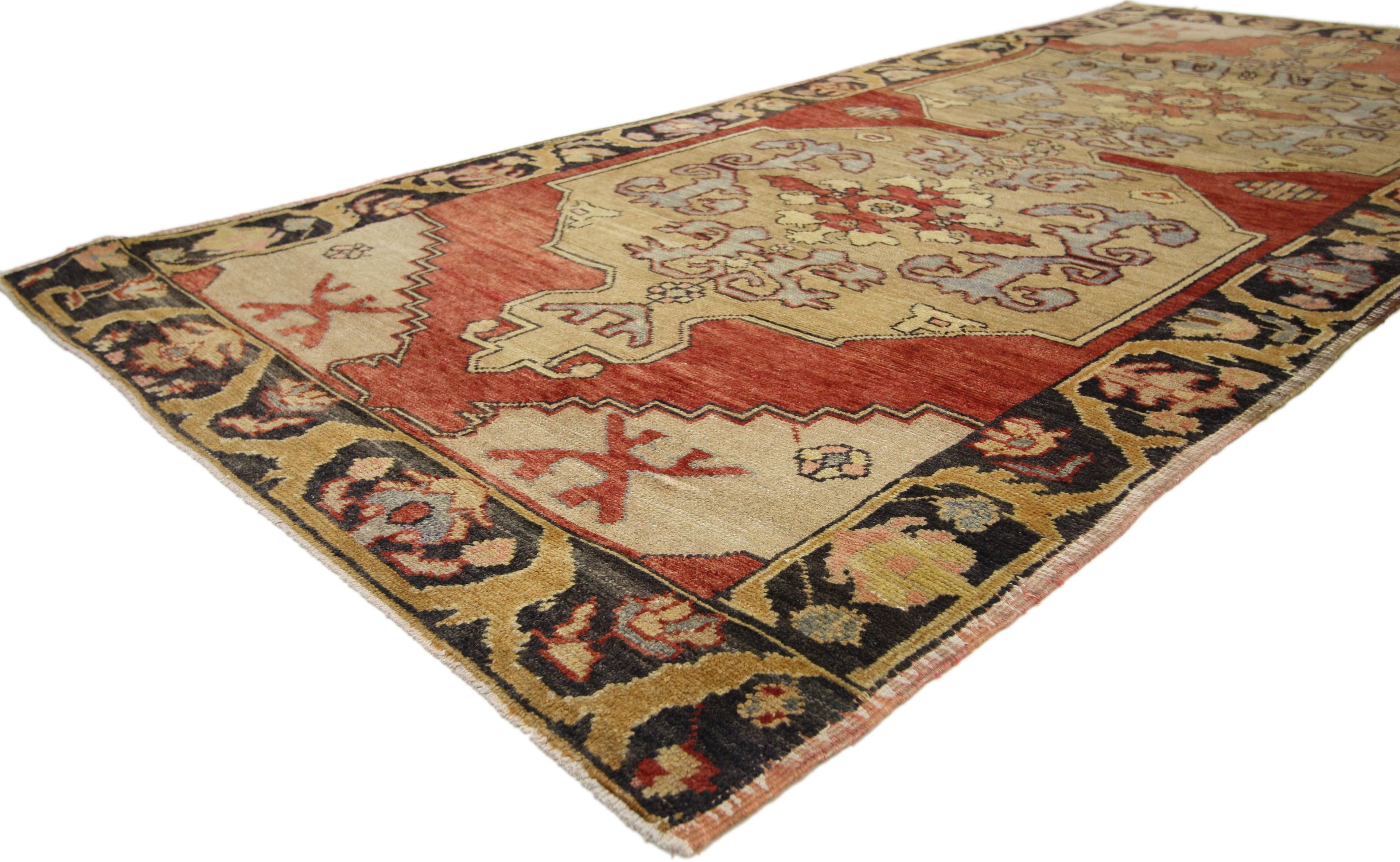 50319 Vintage Turkish Oushak Hallway Runner with Arts & Crafts Style. This hand knotted wool vintage Turkish Oushak hallway runner features double ecru colored medallions filled with curled leafy tendrils, organic shapes, and acanthus leaves float