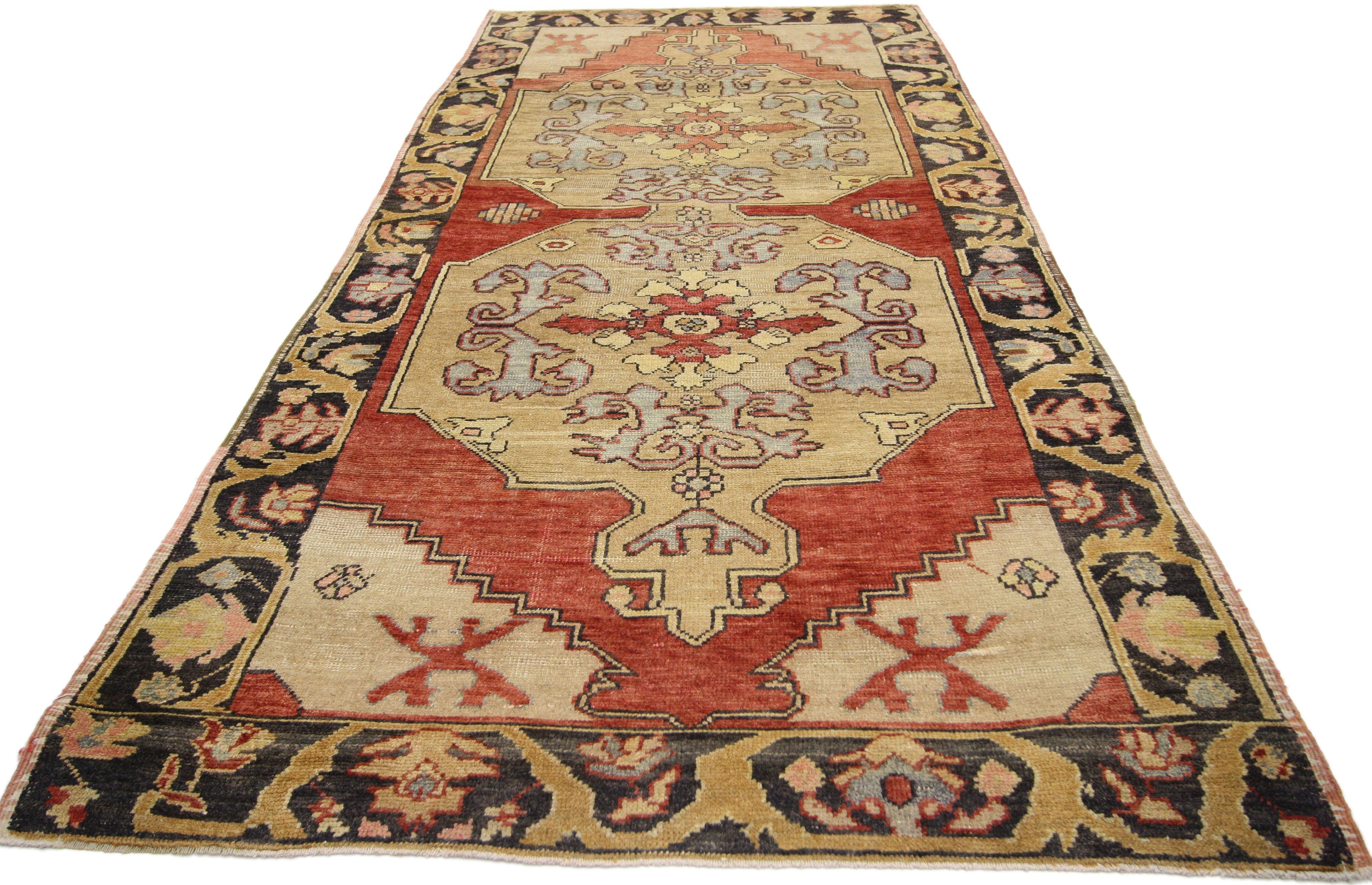 Hand-Knotted Vintage Turkish Oushak Hallway Runner with Arts & Crafts Style For Sale