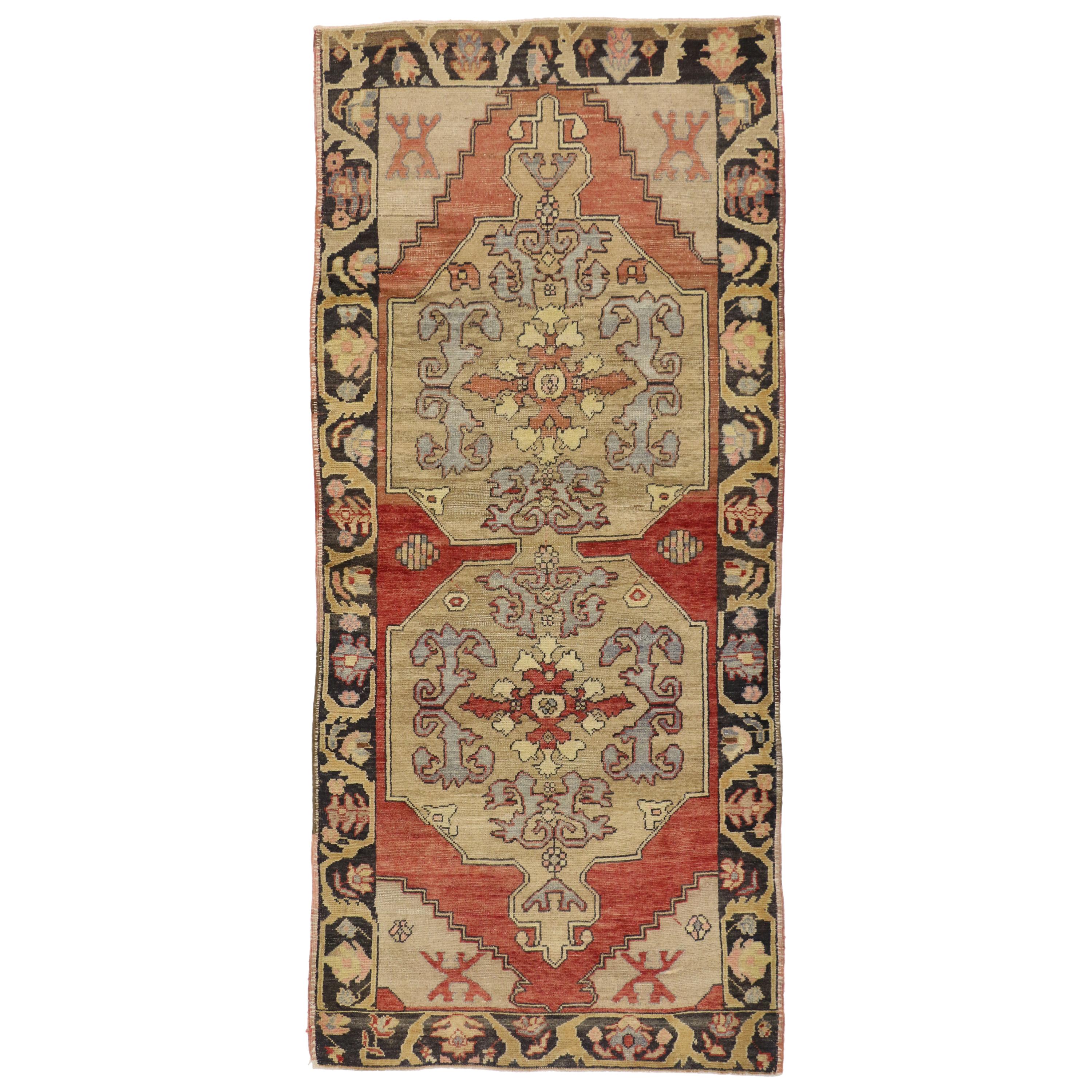 Vintage Turkish Oushak Hallway Runner with Arts & Crafts Style For Sale