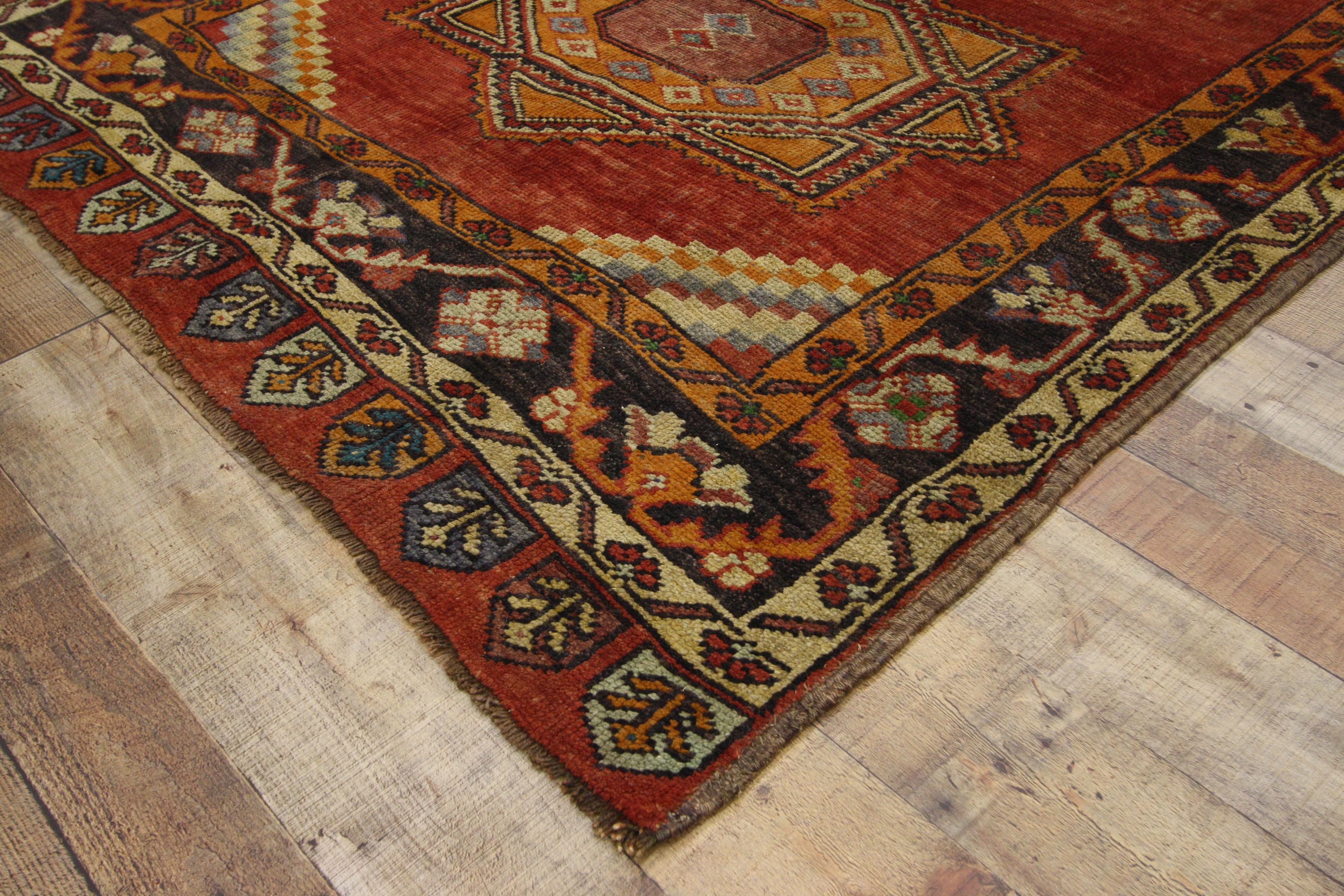 52400 Vintage Turkish Oushak Hallway Runner with Craftsman Tribal Style 04’06 x 10’00. This hand knotted wool vintage Turkish Oushak runner features three serrated-edged octagram medallions spread across the centre of an abrashed scarlet red field.