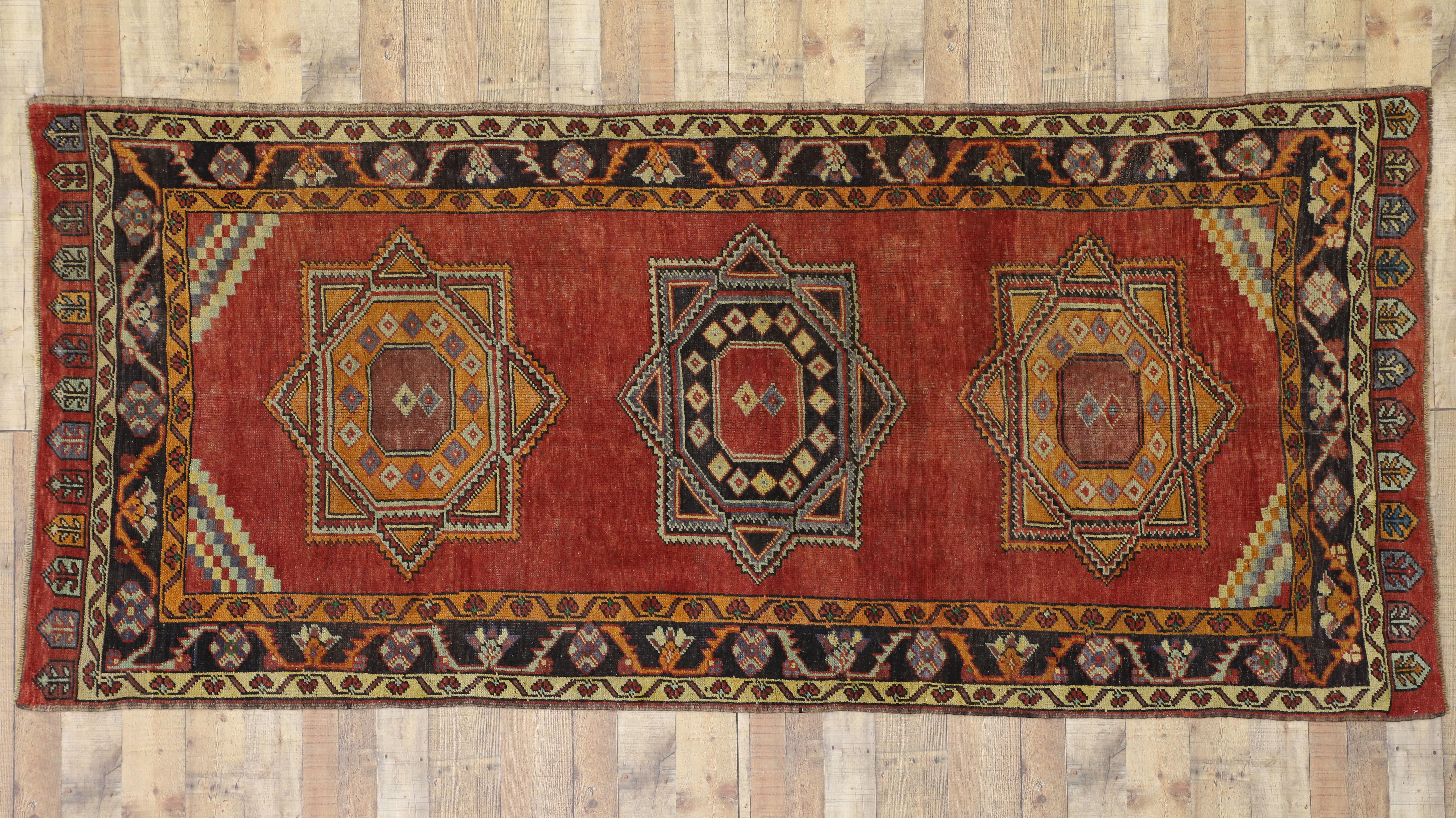 Hand-Knotted Vintage Turkish Oushak Hallway Runner with Craftsman Tribal Style For Sale