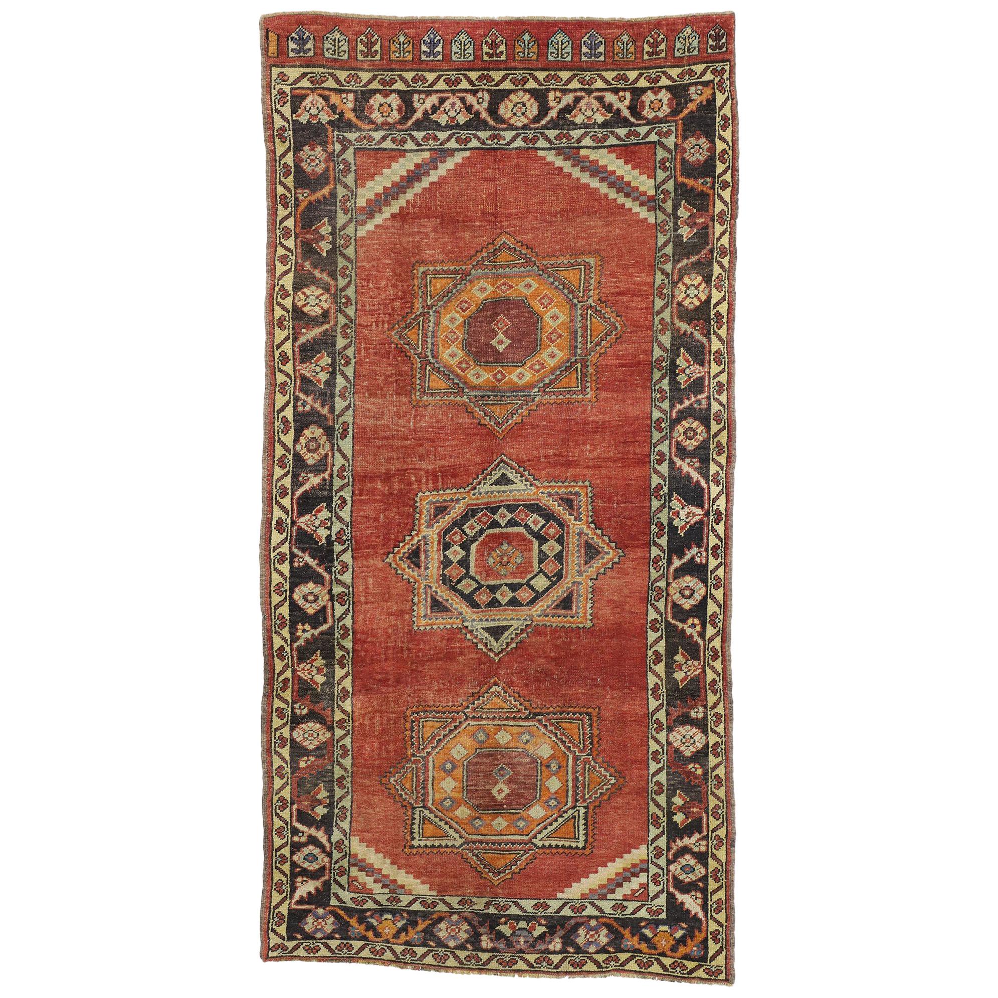 Vintage Turkish Oushak Hallway Runner with Craftsman Tribal Style