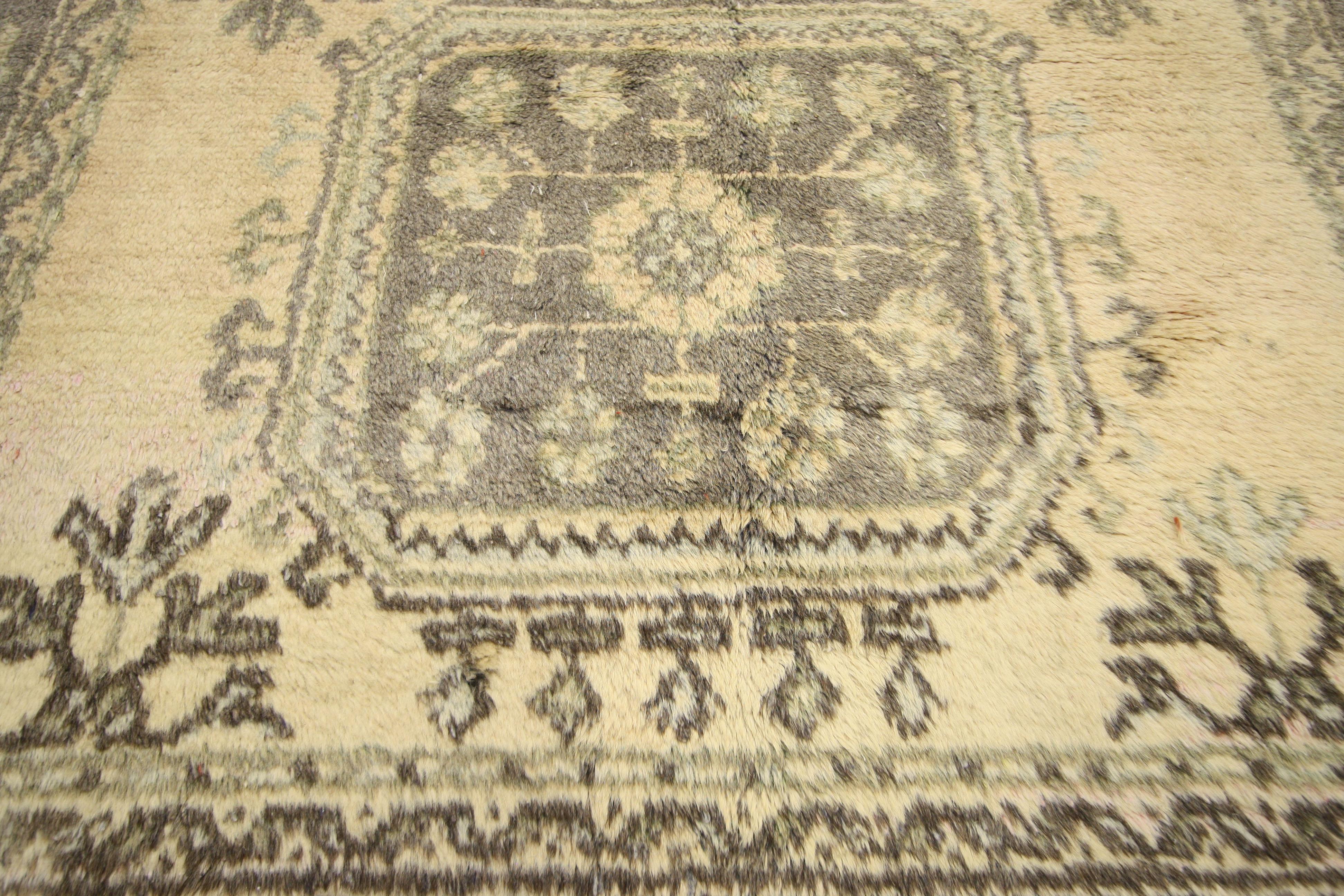 51145, vintage Turkish Oushak hallway runner with Gustavian or French Country style. This hand knotted wool vintage Turkish Oushak runner features five amulet medallions filled with roundels and floral sprays floating on an abashed golden camel