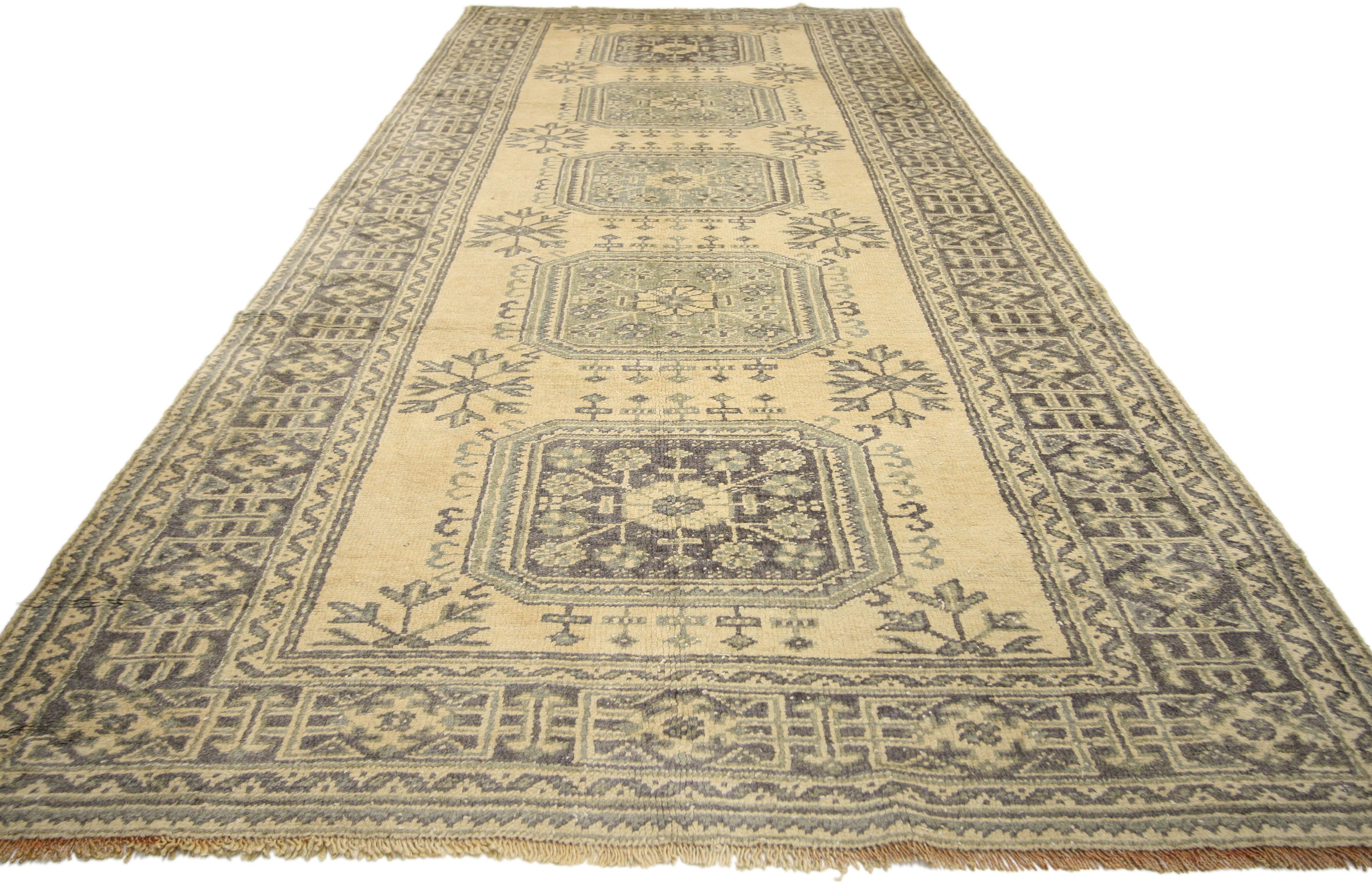 Hand-Knotted Vintage Turkish Oushak Hallway Runner with Gustavian or French Country Style For Sale