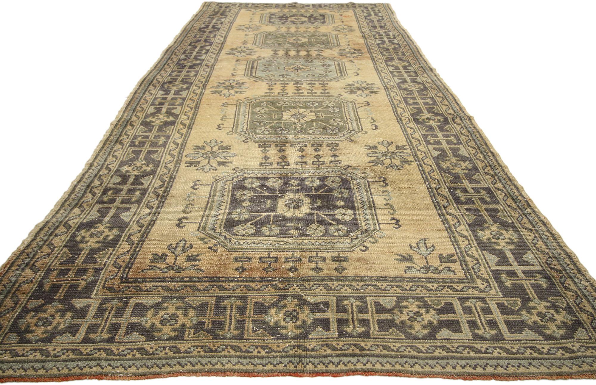 Hand-Knotted Vintage Turkish Oushak Hallway Runner with Gustavian or French Country Style For Sale
