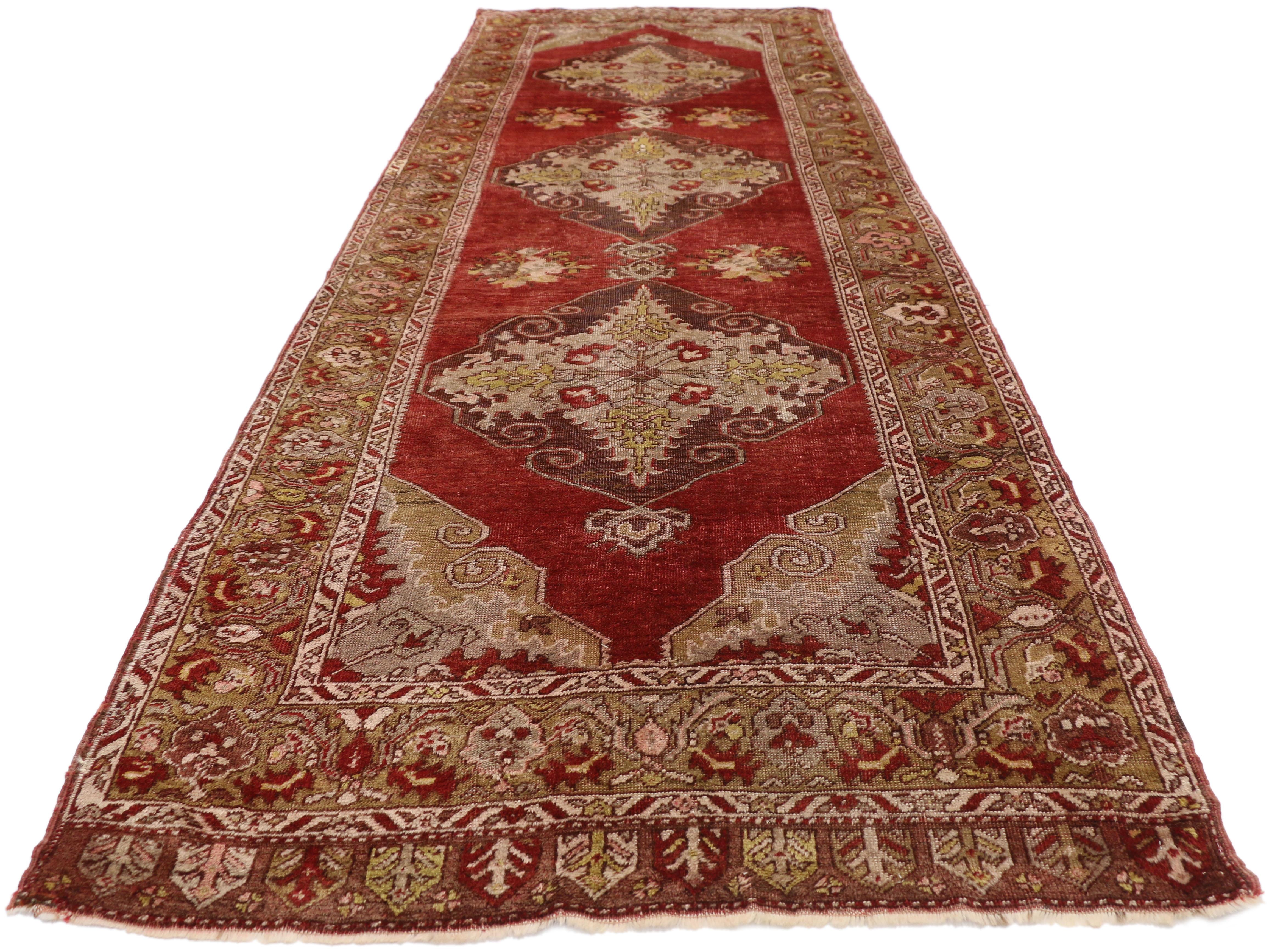 Hand-Knotted Vintage Turkish Oushak Hallway Runner with Jacobean Style For Sale